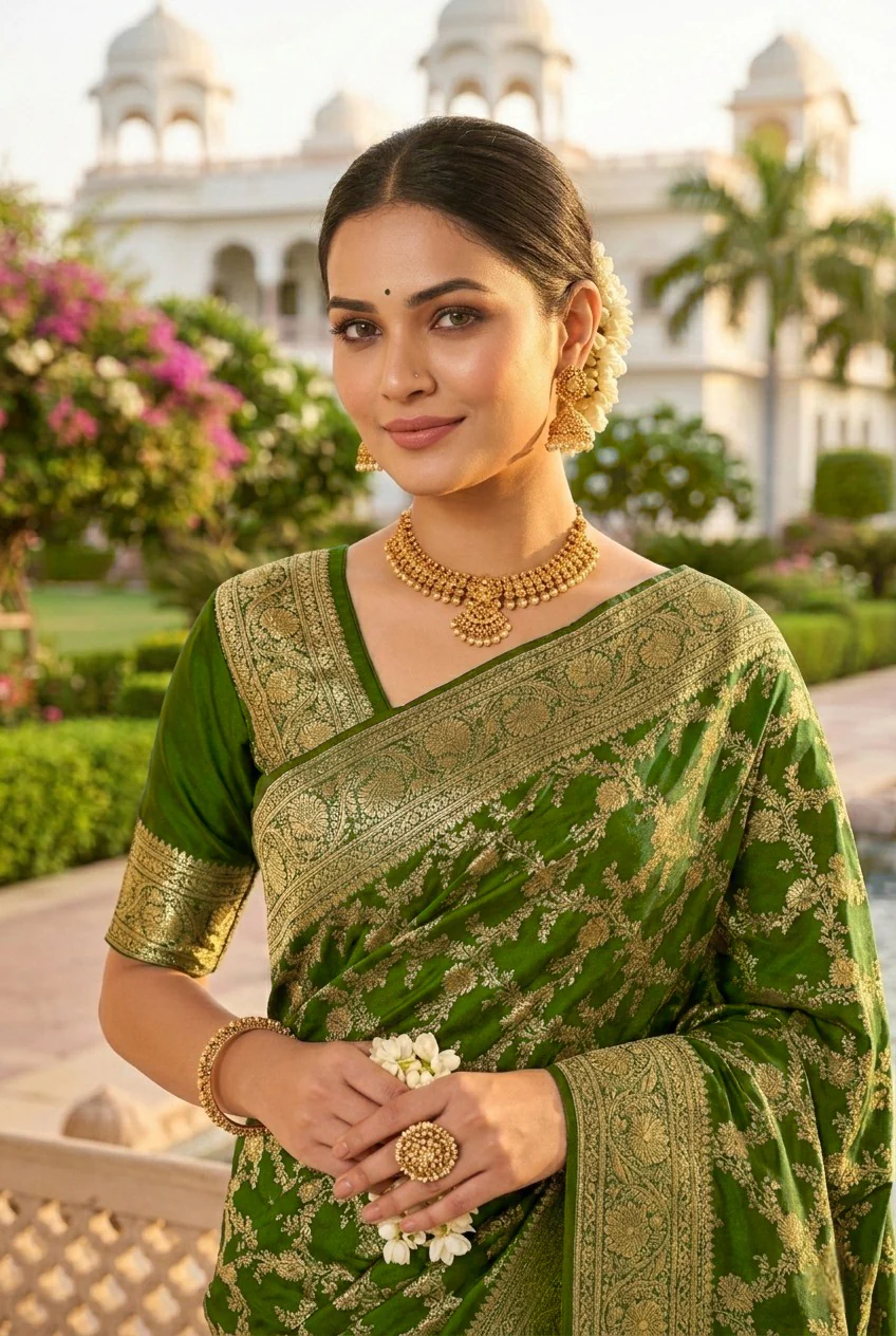 Mehadi Green Banaras Floral Pattu Saree - Image 2