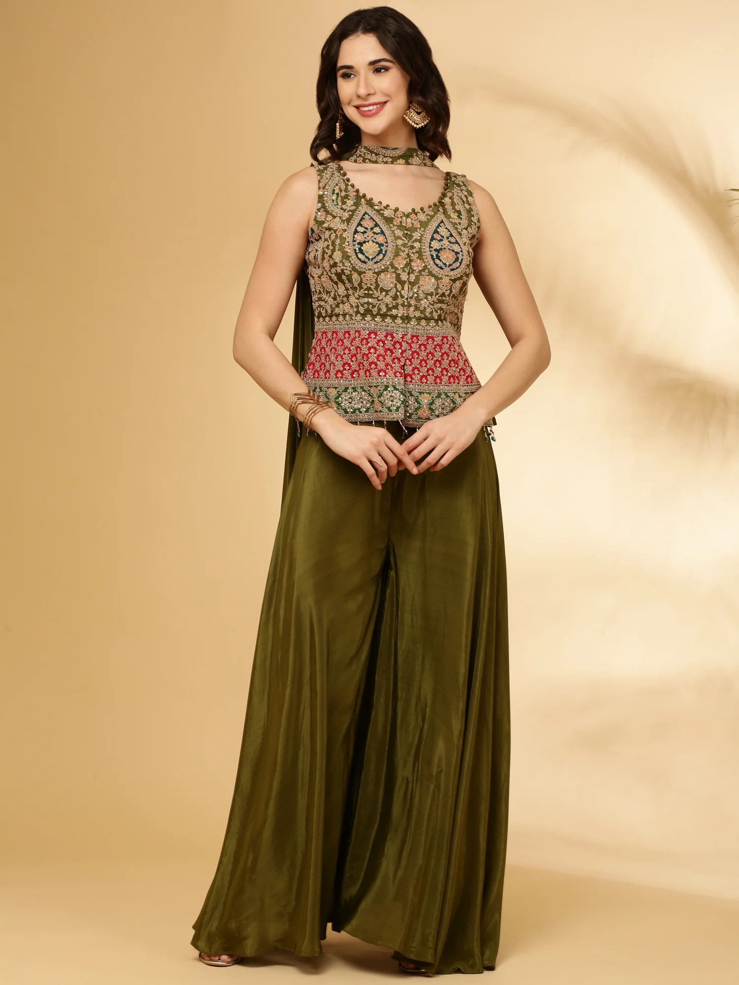 Mehendi Green Chinnon Crop Top Palazzo Set - Image 2