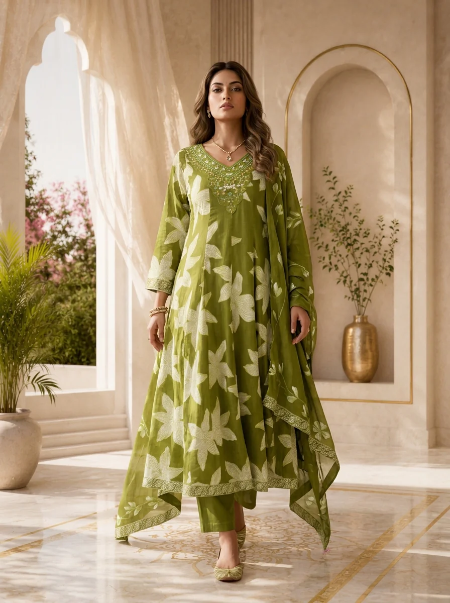 Mehadi Green Cotton Printed And Hand Embroidery Three Piece Set - Image 2