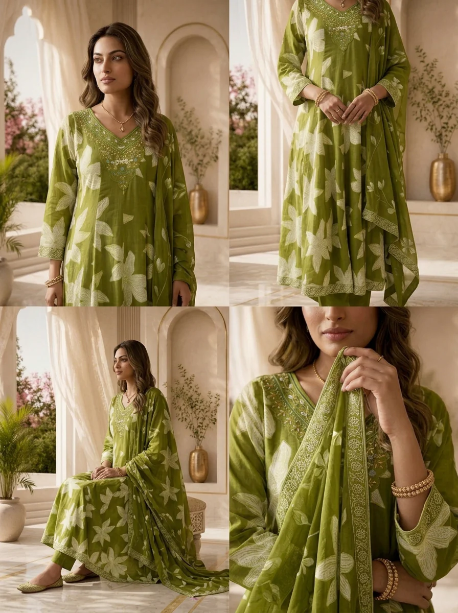 Mehadi Green Cotton Printed And Hand Embroidery Three Piece Set - Image 5