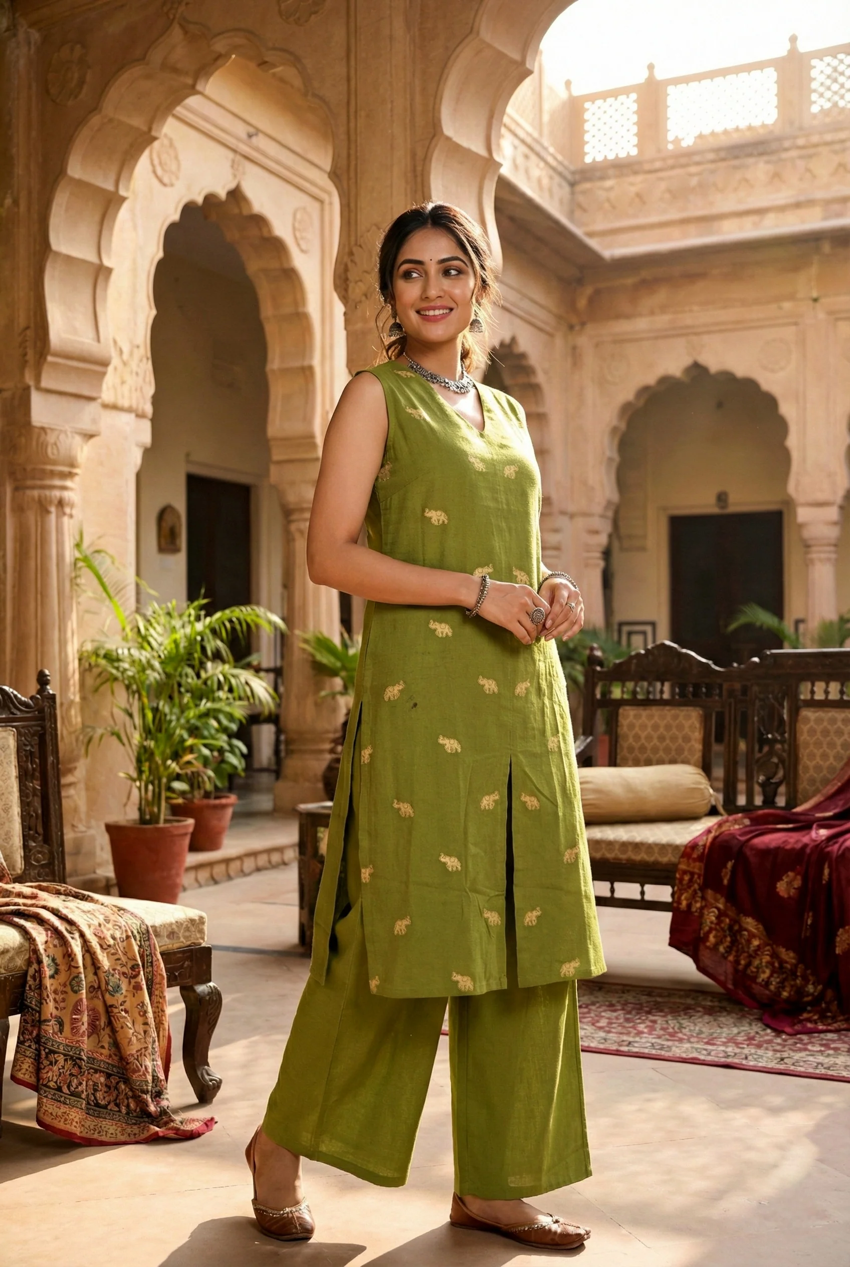 Mehadi Green Cotton Two Piece Set