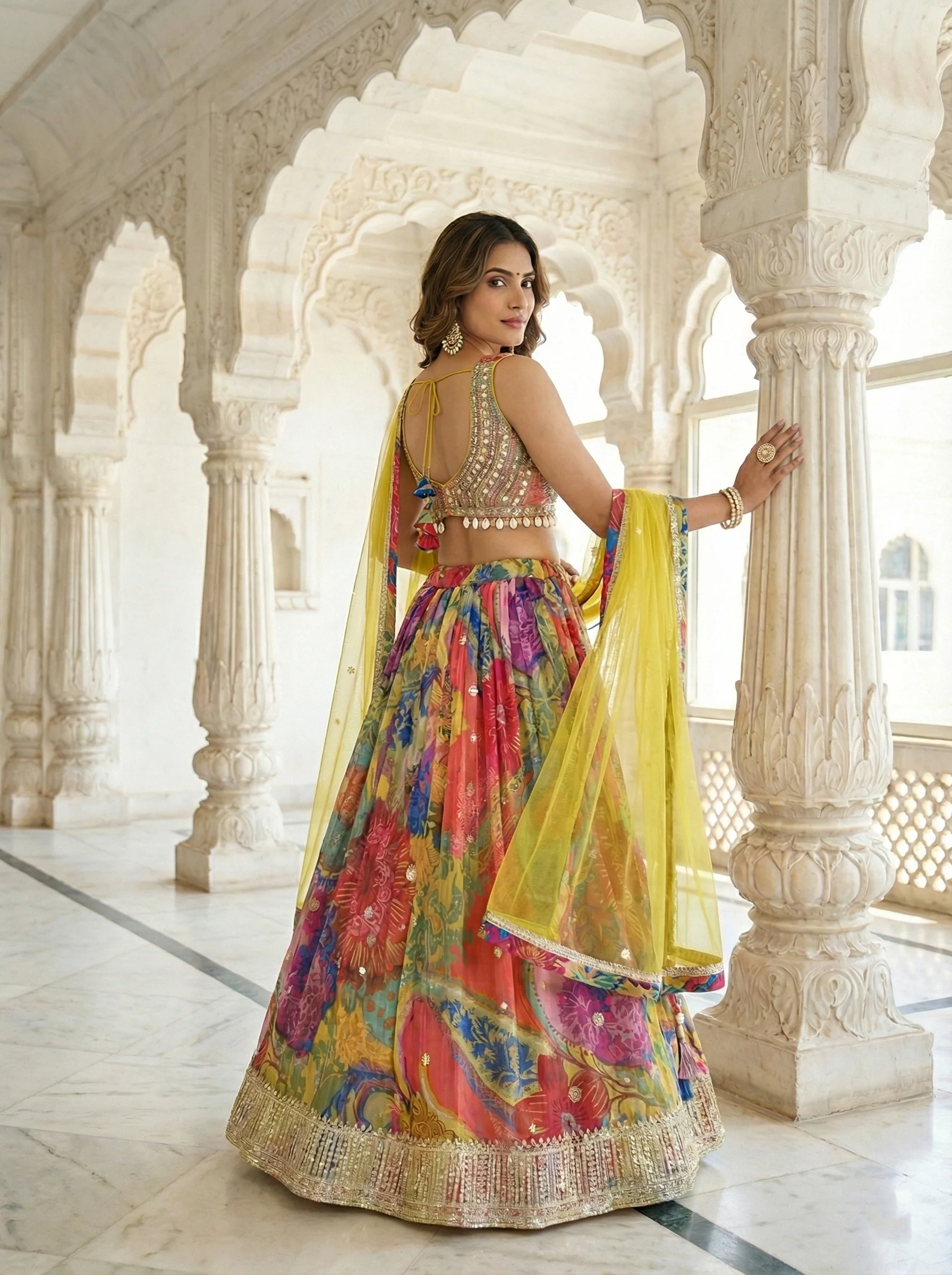 Mehadi Green Georgette Mirror Work Ghagra Set - Image 3
