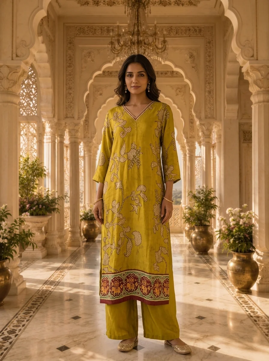 Mehadi Green Linen Floral HandPrinted Two Piece Set