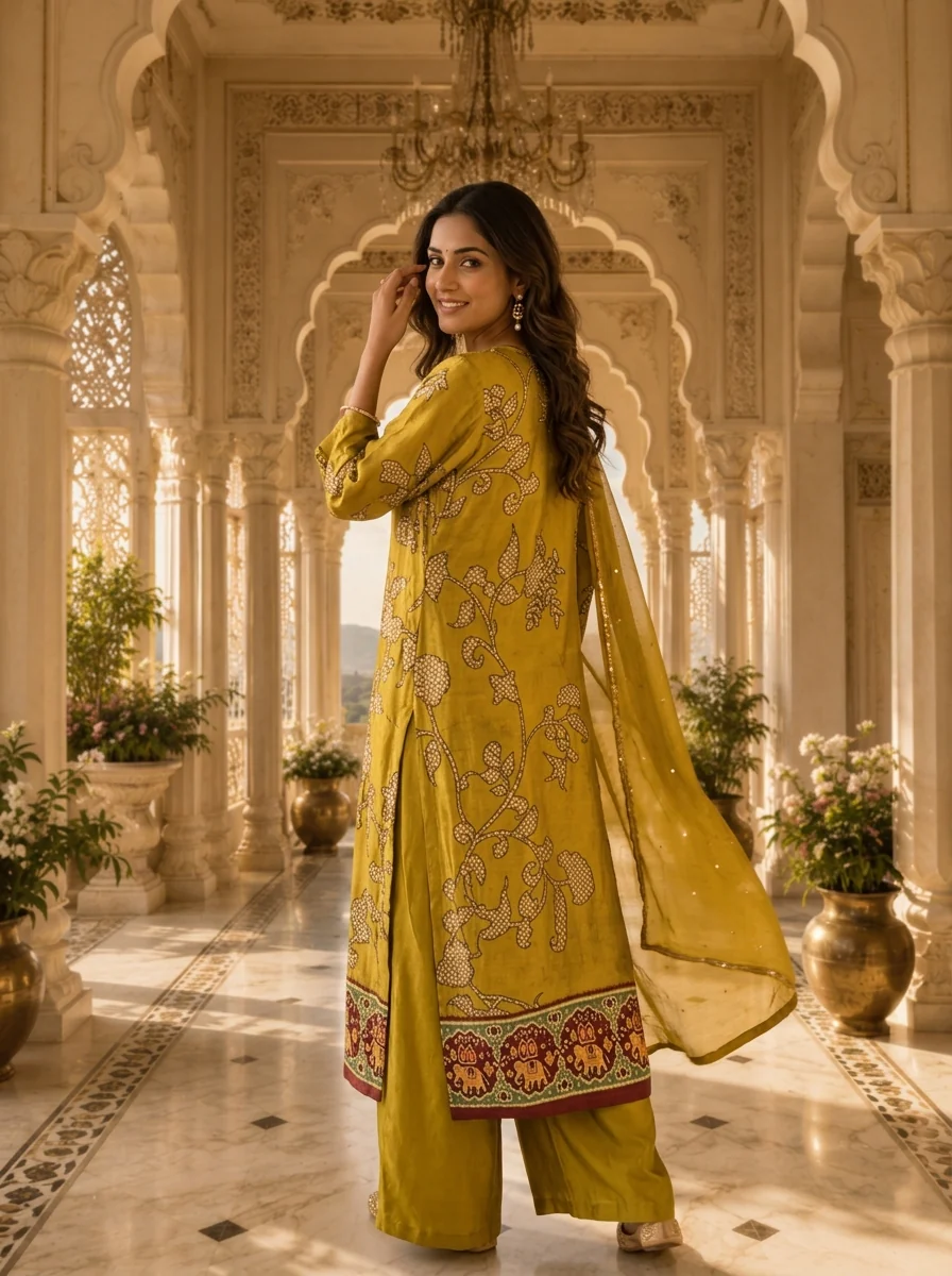 Mehadi Green Linen Floral HandPrinted Two Piece Set - Image 2