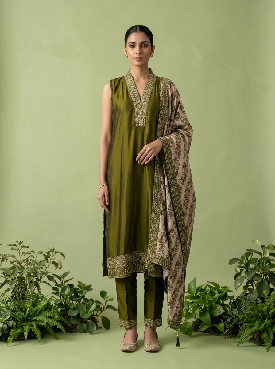 Mehadi Green Silk Floral Zari Embroidery Three Piece Set With Contrast Dupatta - Image 3