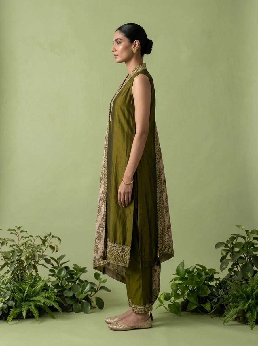 Mehadi Green Silk Floral Zari Embroidery Three Piece Set With Contrast Dupatta - Image 4