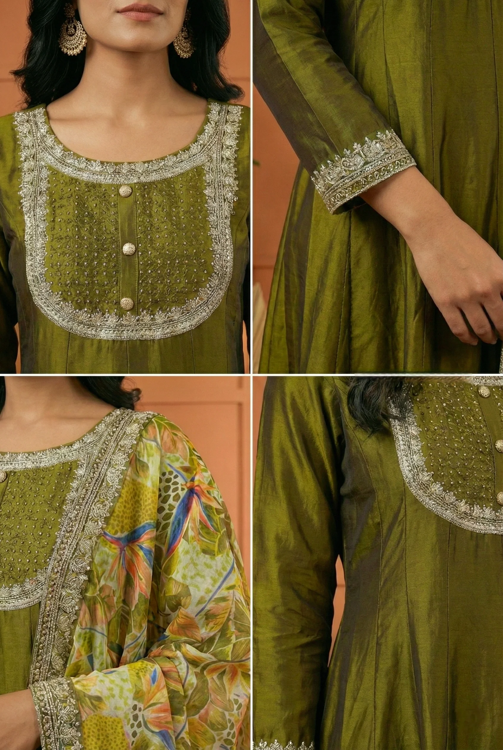Mehadi Green Silk Hand Embroidery Three Piece Set - Image 3