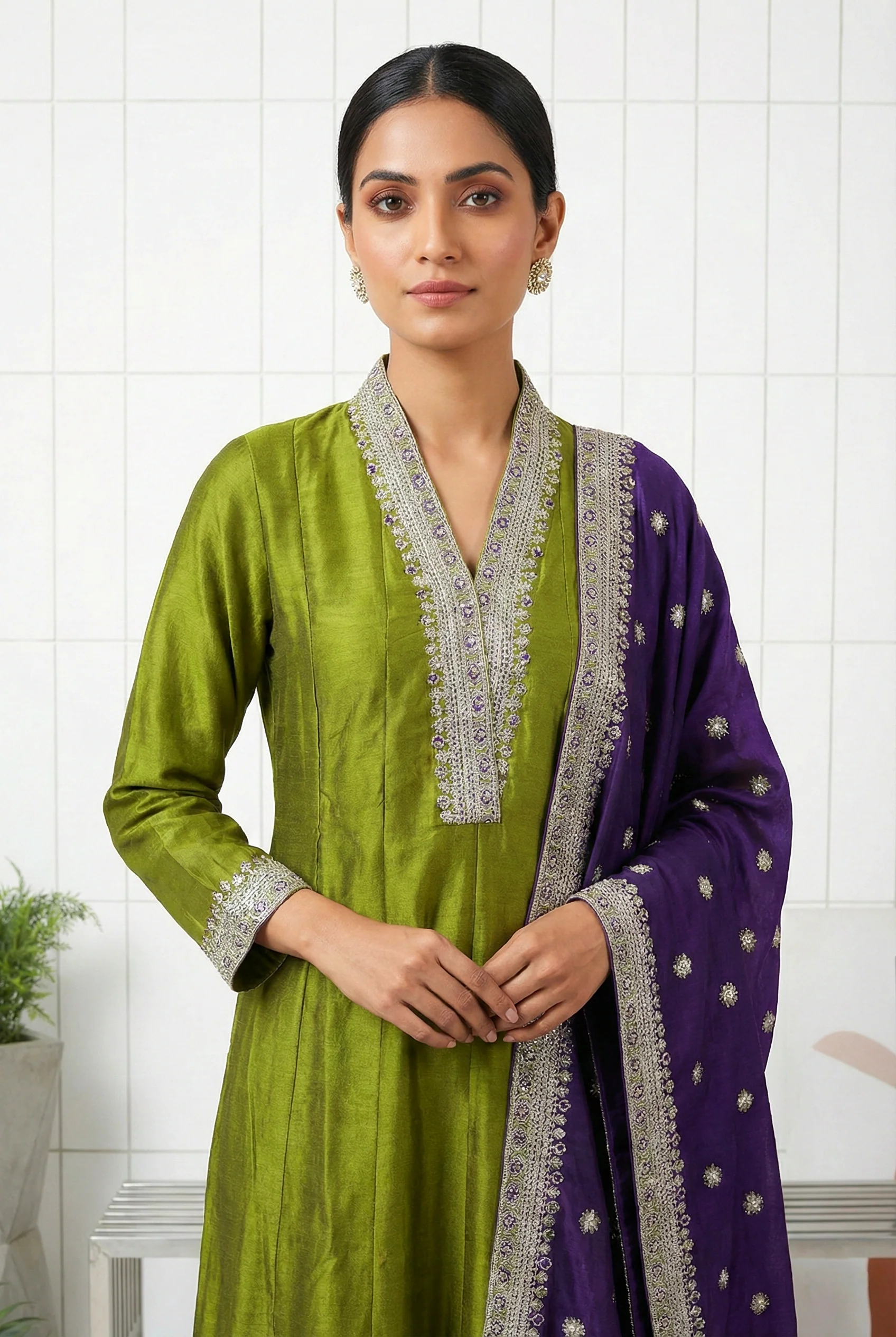 Mehadi Green Silk Hand Embroidery Three Piece Set - Image 2