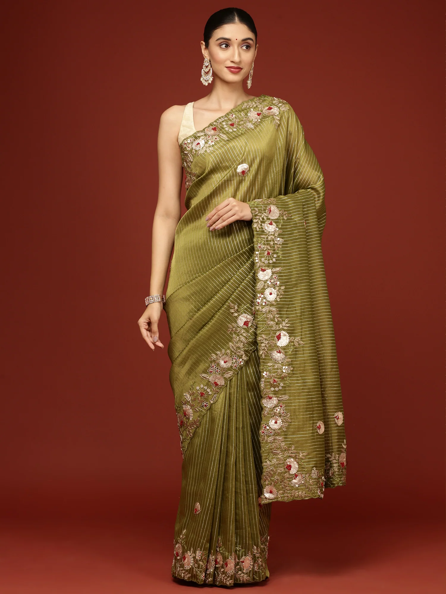 Mehandi Green Tissue Hand Embroidery Saree