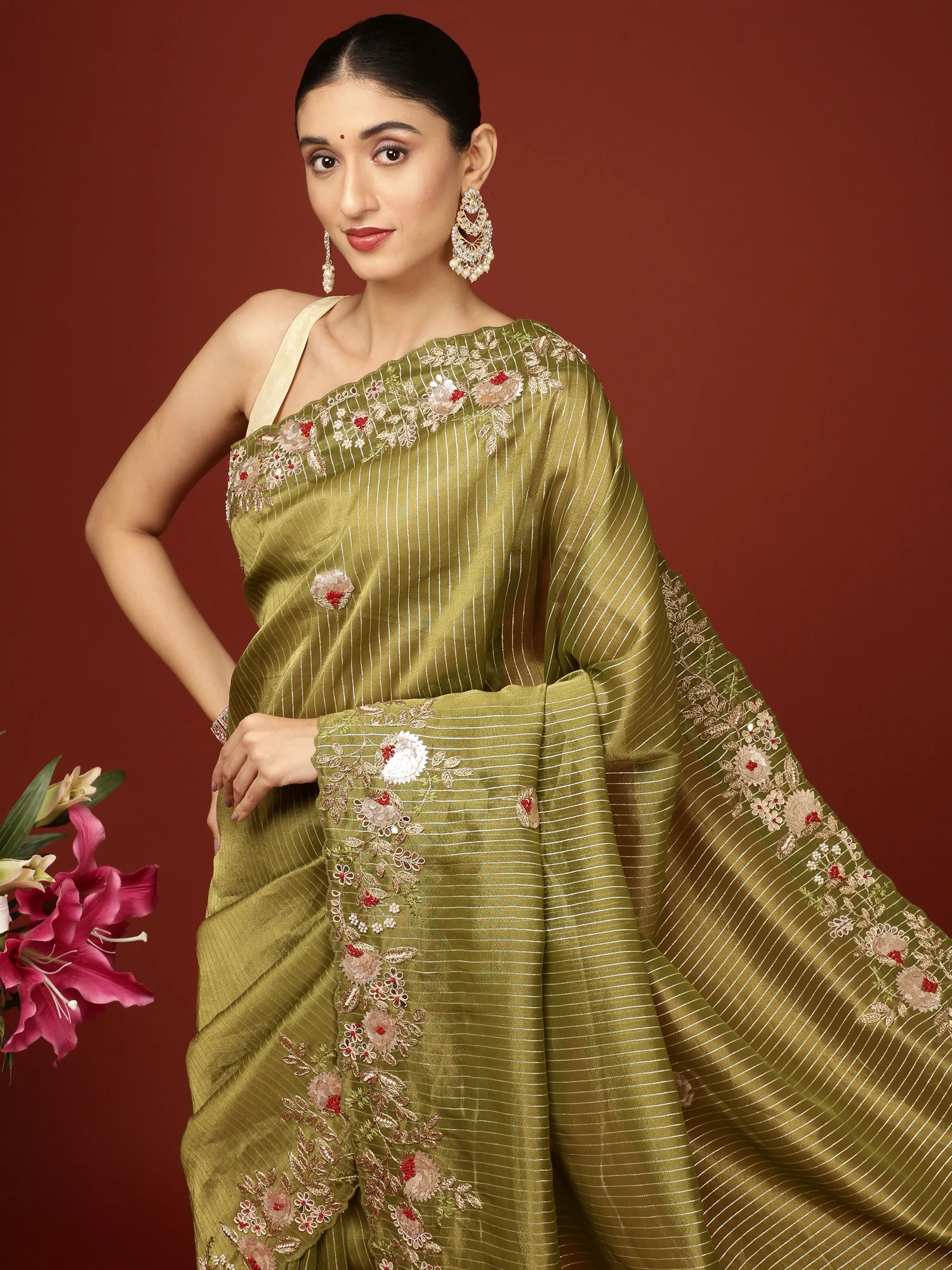 Mehandi Green Tissue Hand Embroidery Saree - Image 2