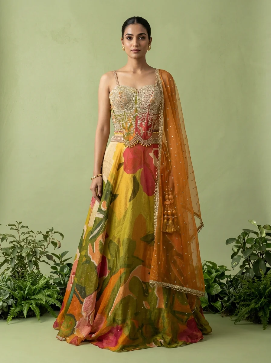 Mehadi Green Tissue Heavy Aari Embroidery And Printed Ghagra Set - Image 2
