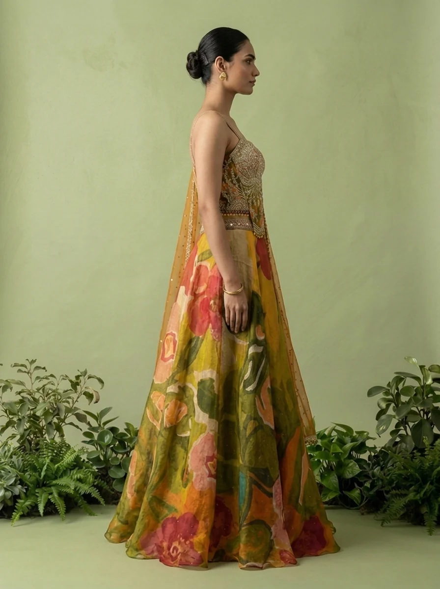 Mehadi Green Tissue Heavy Aari Embroidery And Printed Ghagra Set - Image 3