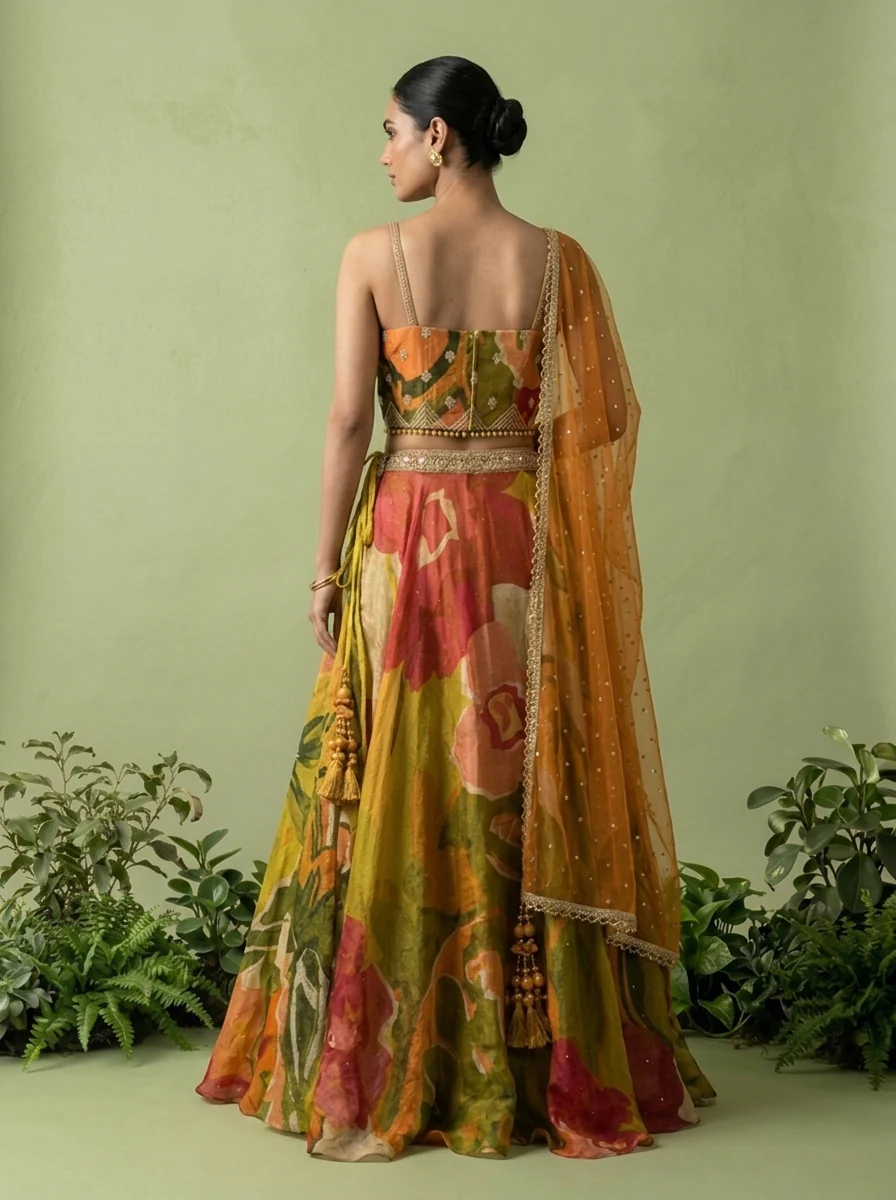 Mehadi Green Tissue Heavy Aari Embroidery And Printed Ghagra Set - Image 4