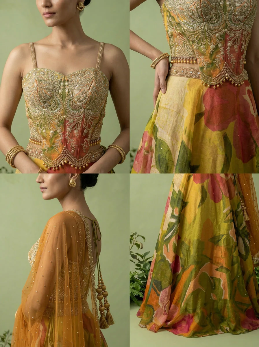 Mehadi Green Tissue Heavy Aari Embroidery And Printed Ghagra Set - Image 5