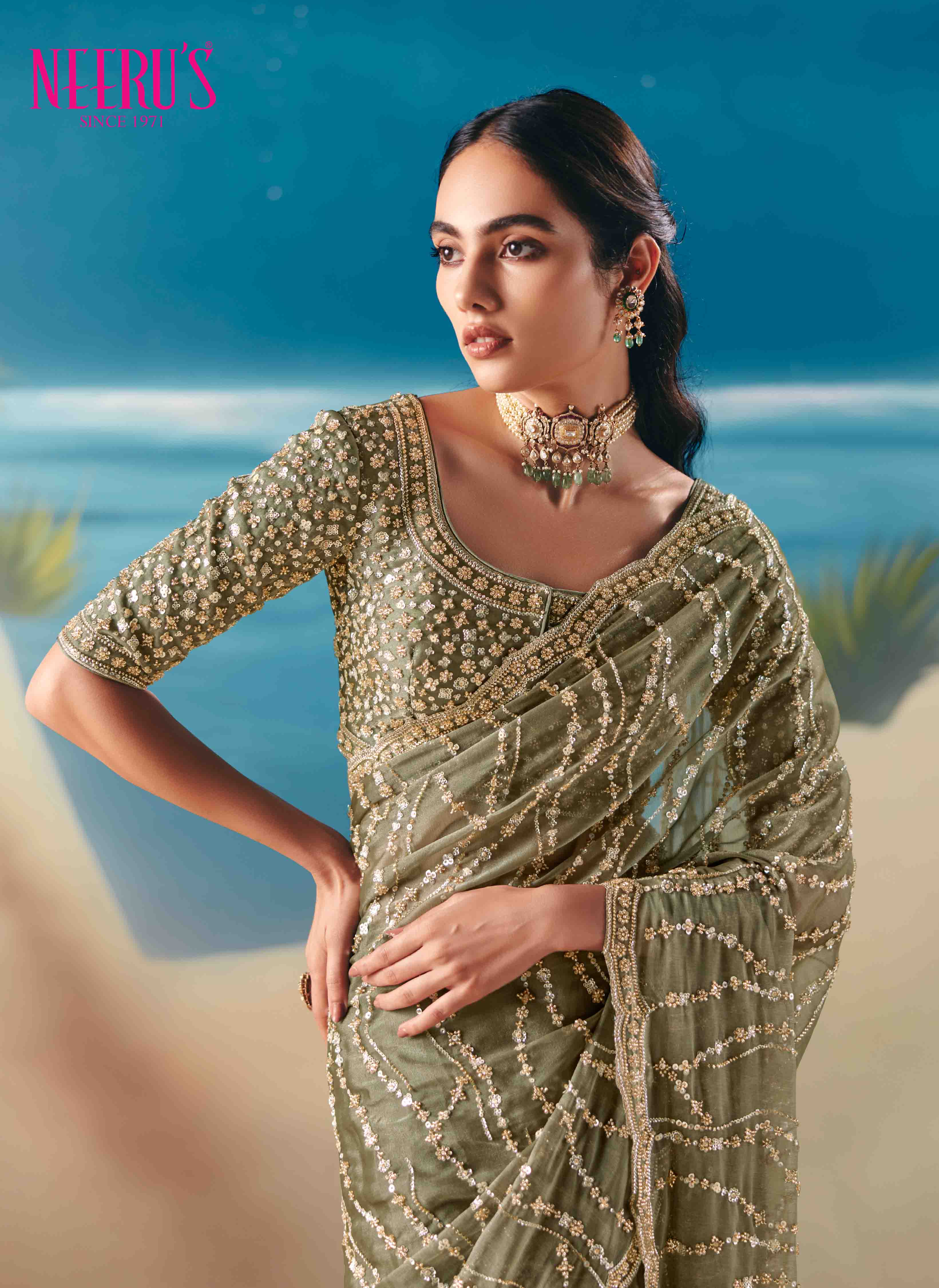 Mehadi Green Tissue Saree With Heavy Hand Embroidery Work - Image 2
