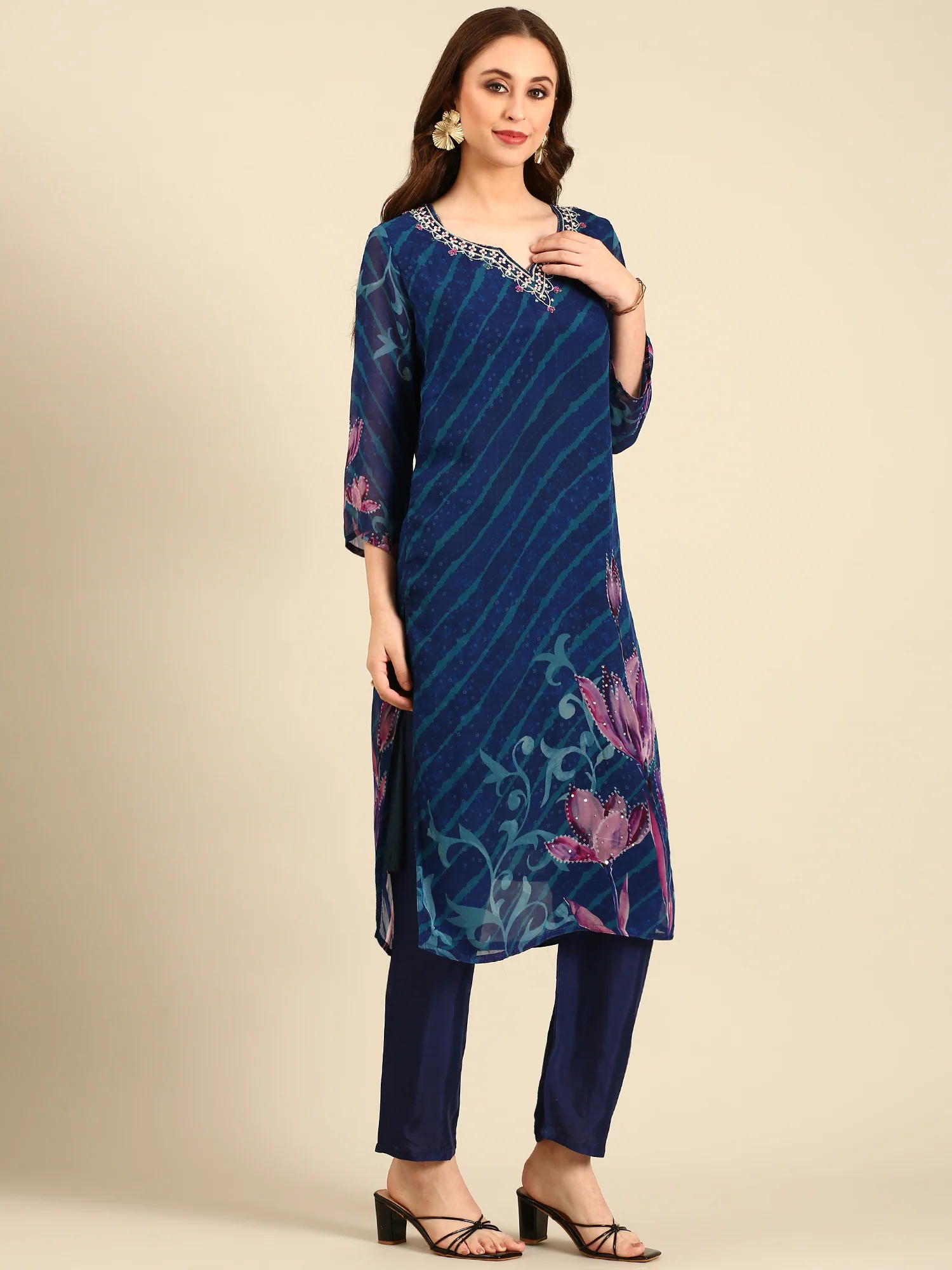 Midnight blue leheriya printed georgette three piece embroidered suit set - Image 3