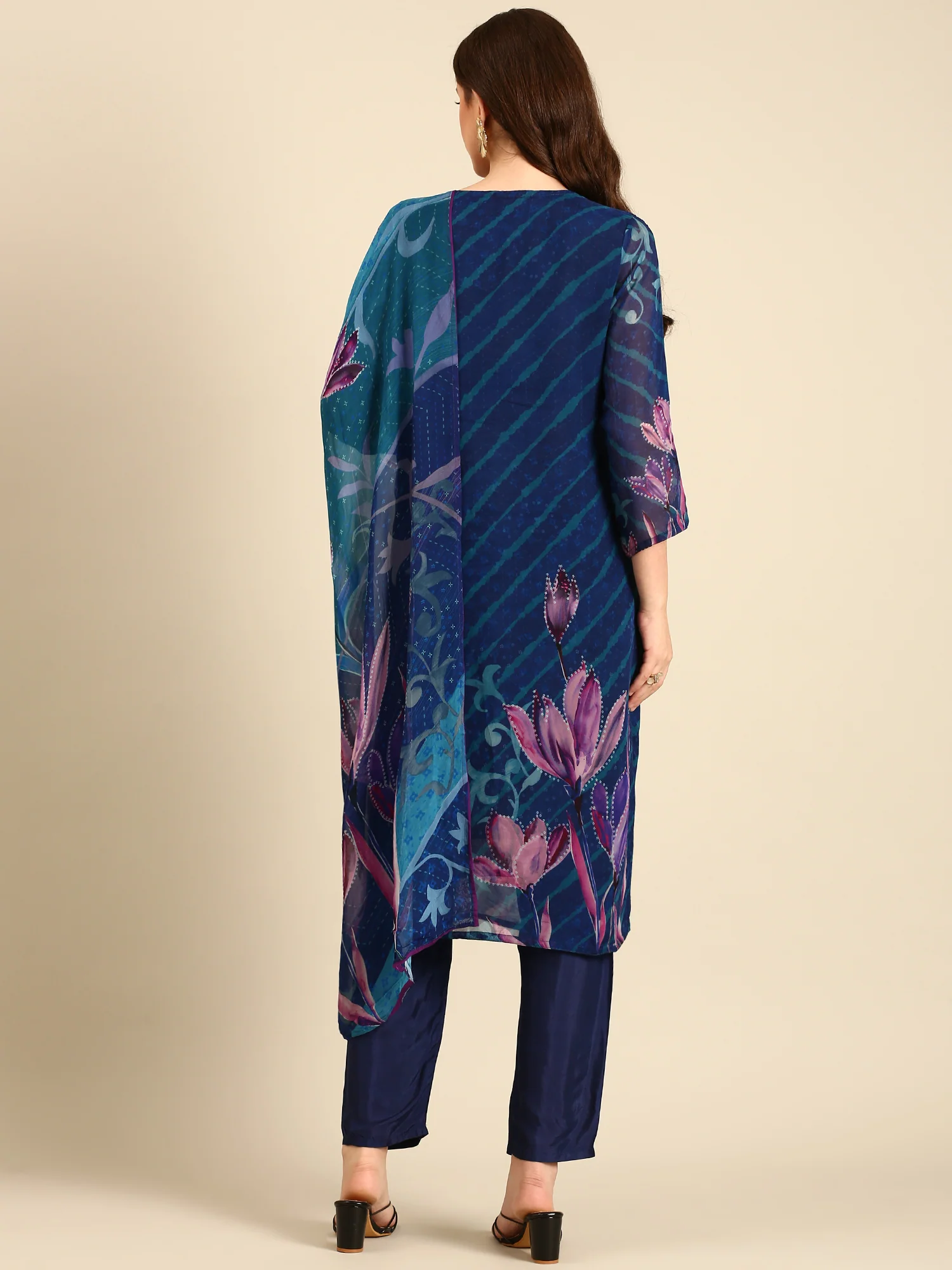 Midnight blue leheriya printed georgette three piece embroidered suit set - Image 4