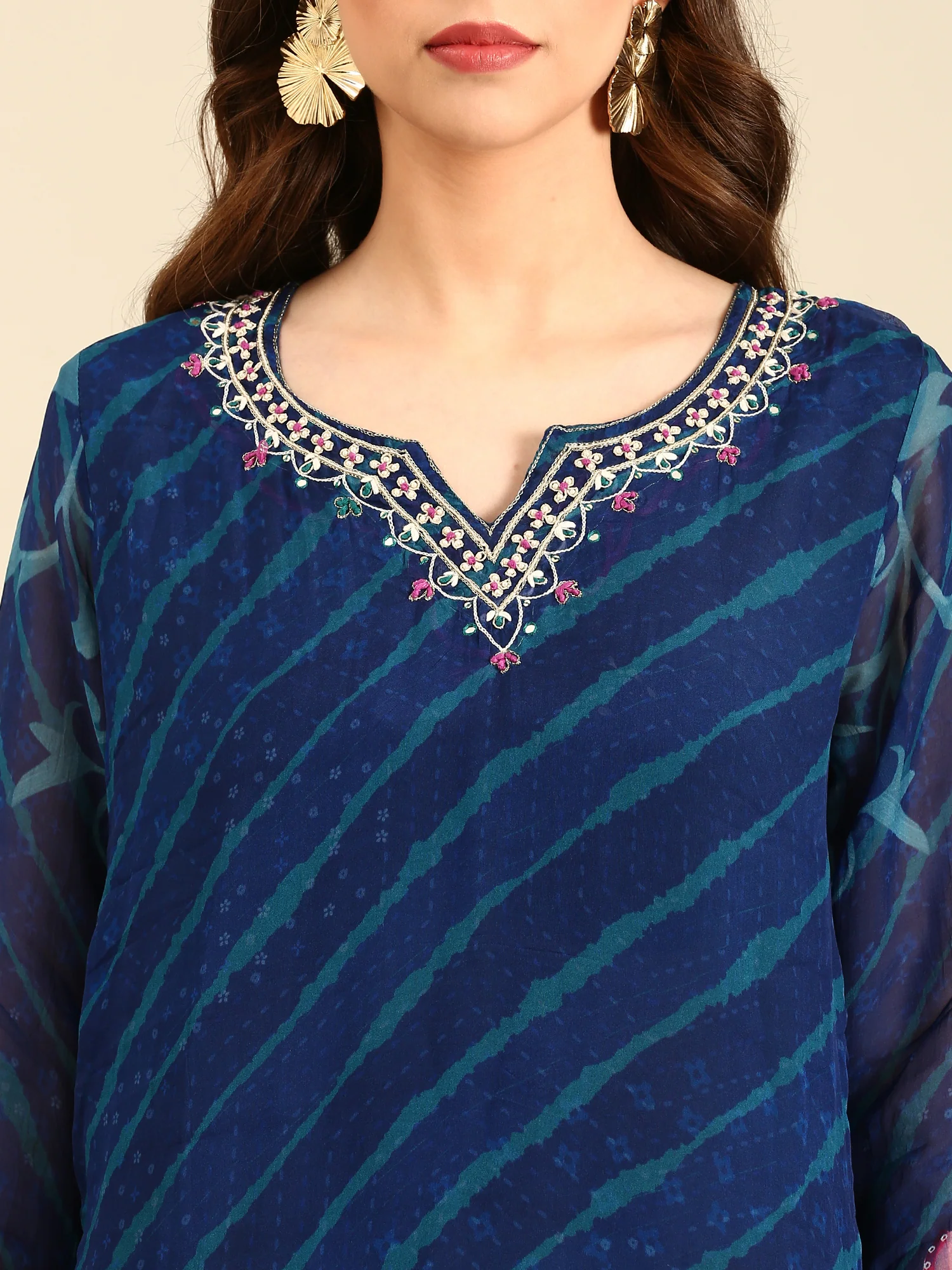 Midnight blue leheriya printed georgette three piece embroidered suit set - Image 5