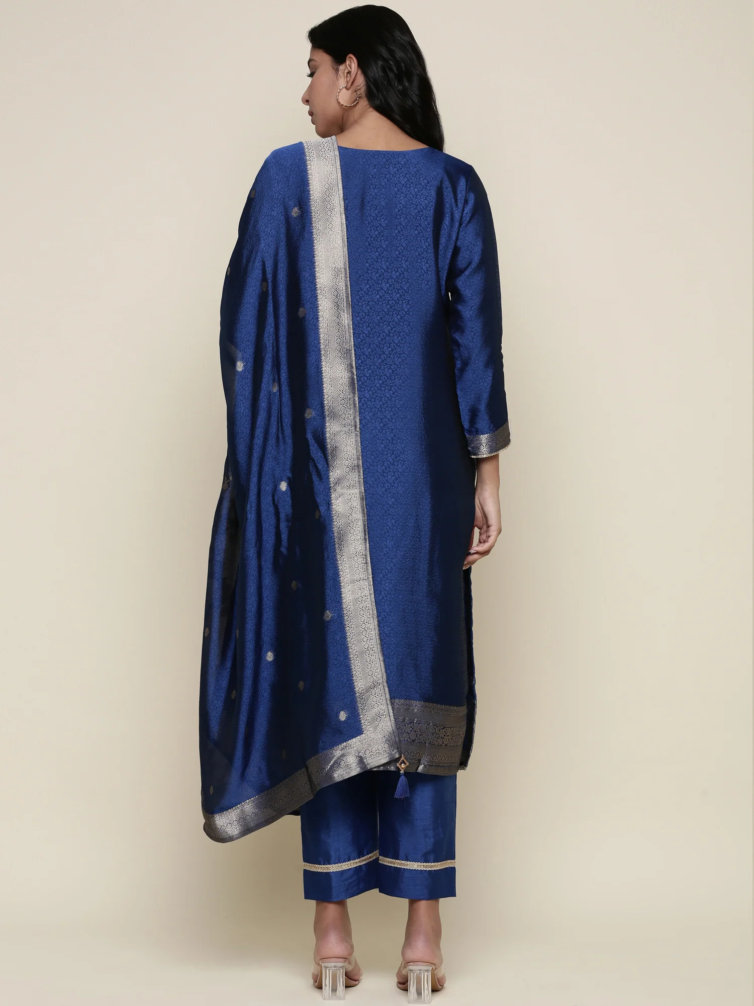 Midnight Blue Silk Hand embroidered three piece suit set - Image 3