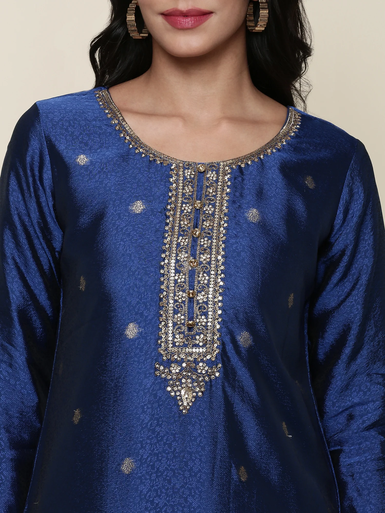 Midnight Blue Silk Hand embroidered three piece suit set - Image 4