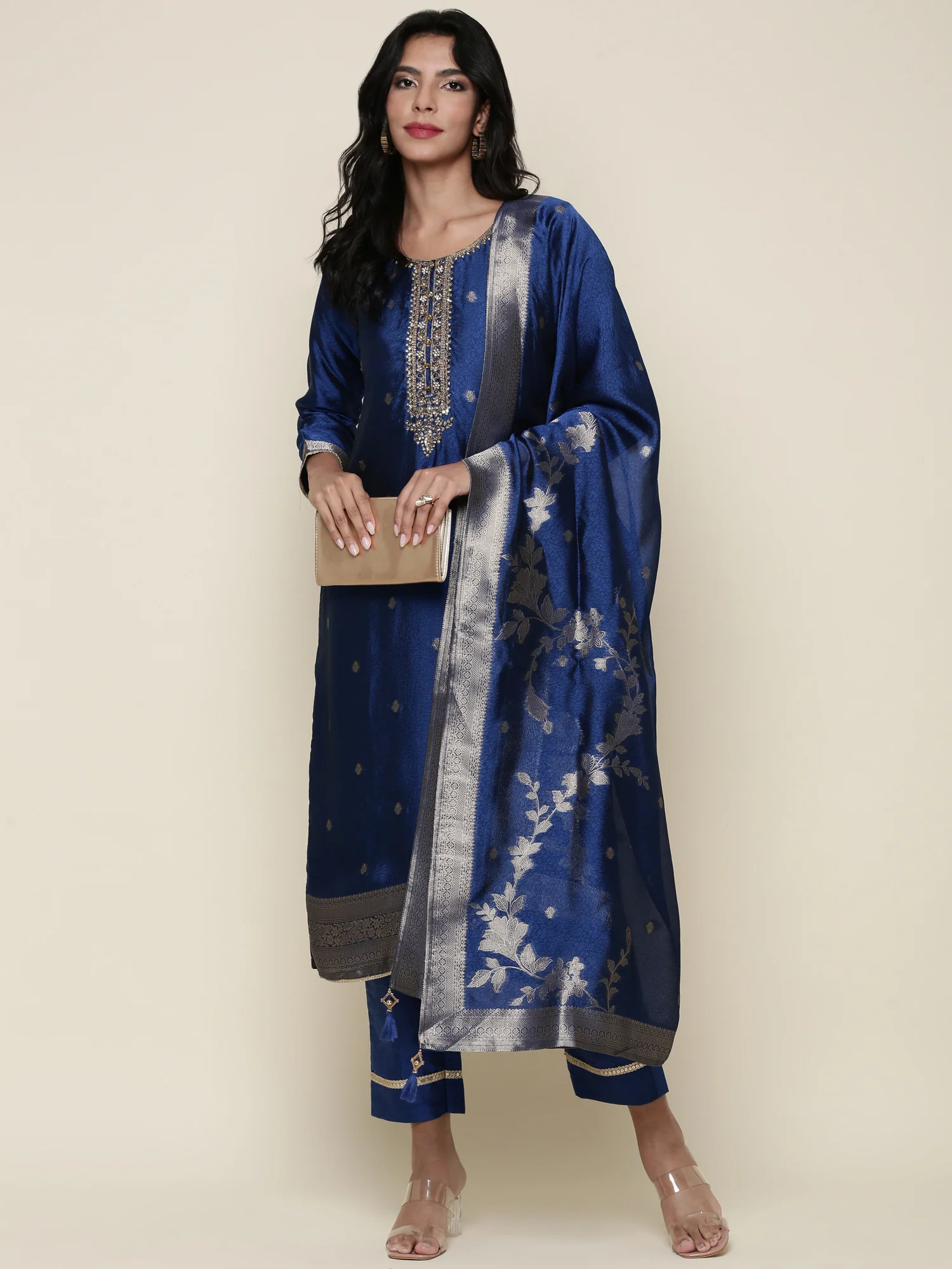 Midnight Blue Silk Hand embroidered three piece suit set - Image 5