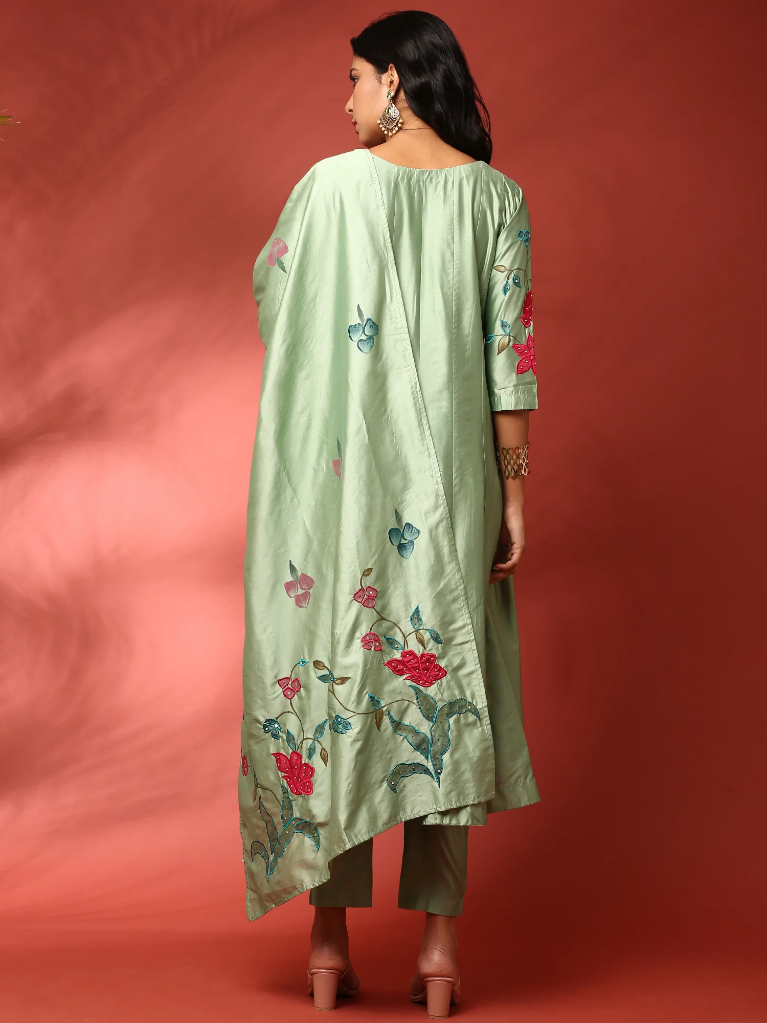 Mint green aalique work silk anarkali three piece suit set - Image 3