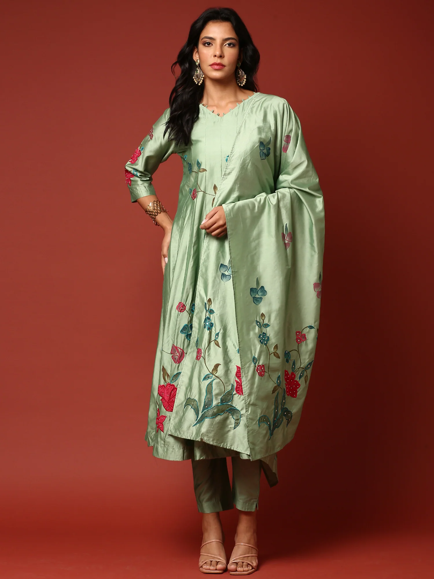 Mint green aalique work silk anarkali three piece suit set - Image 5
