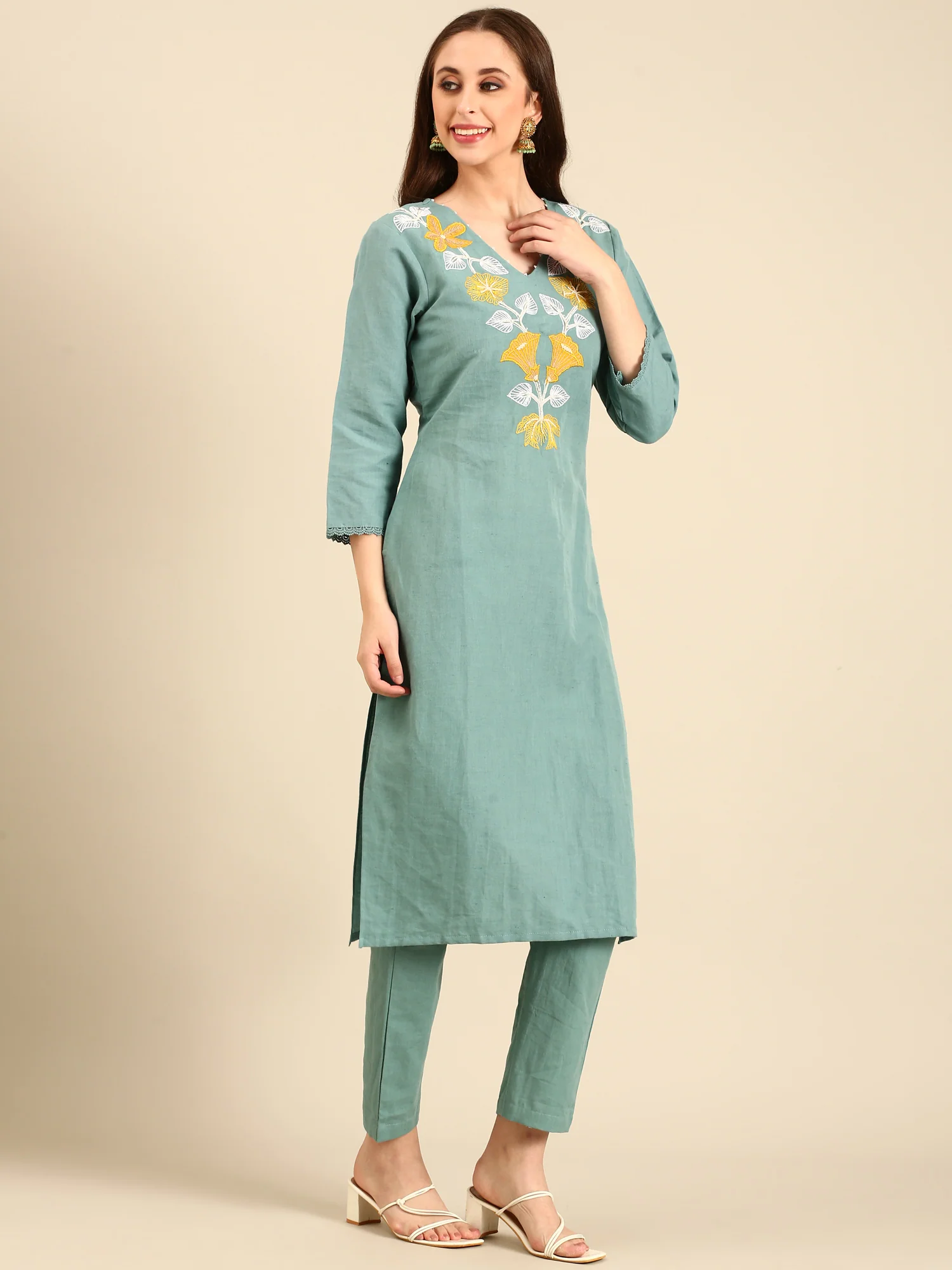 Mint green linen thread embroidery two piece suit set - Image 2