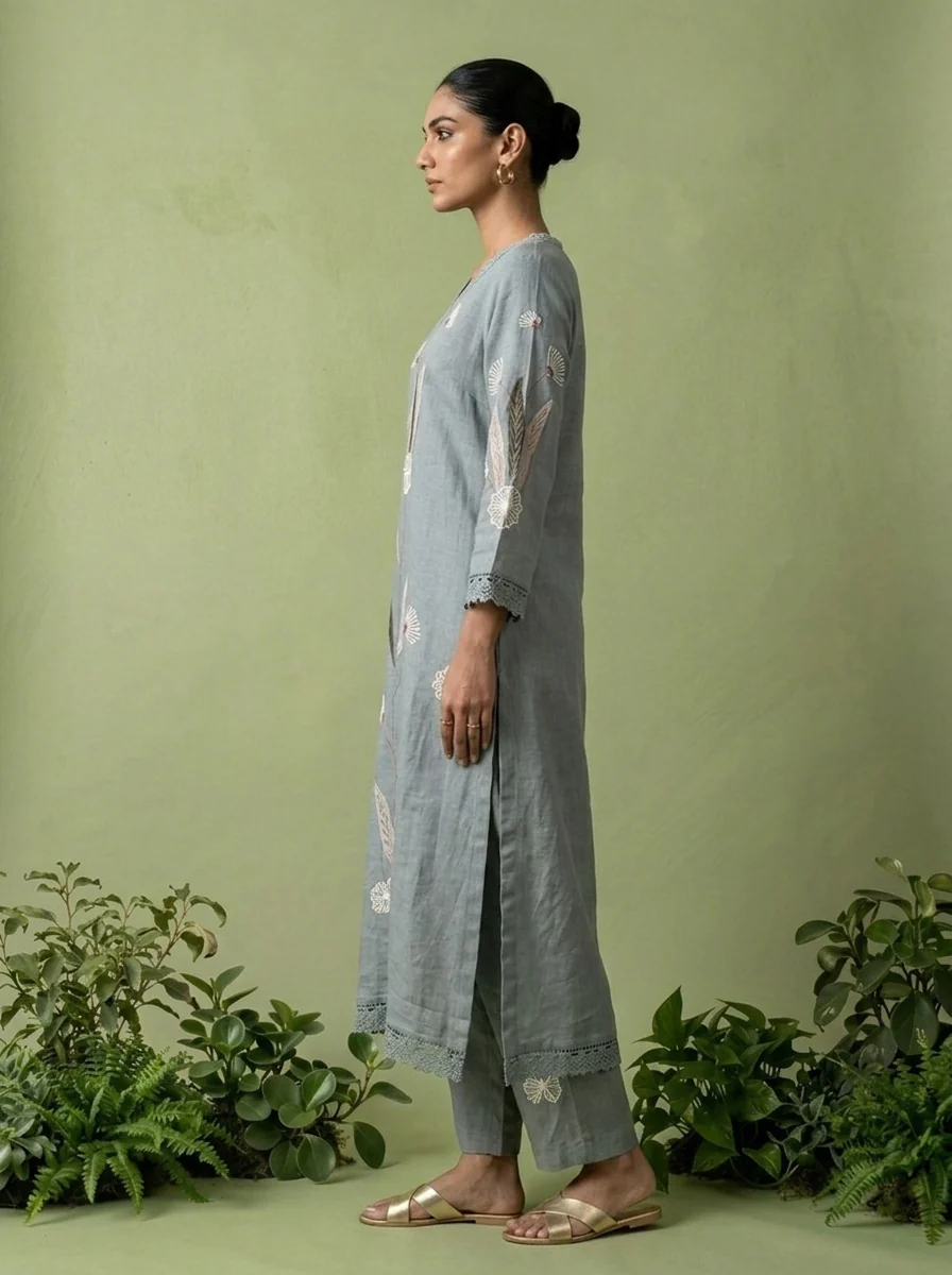Mint Linen Floral Embroidery Two Piece Set - Image 2