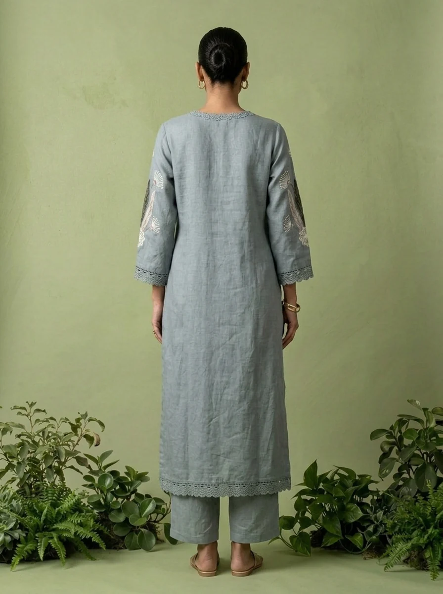 Mint Linen Floral Embroidery Two Piece Set - Image 3