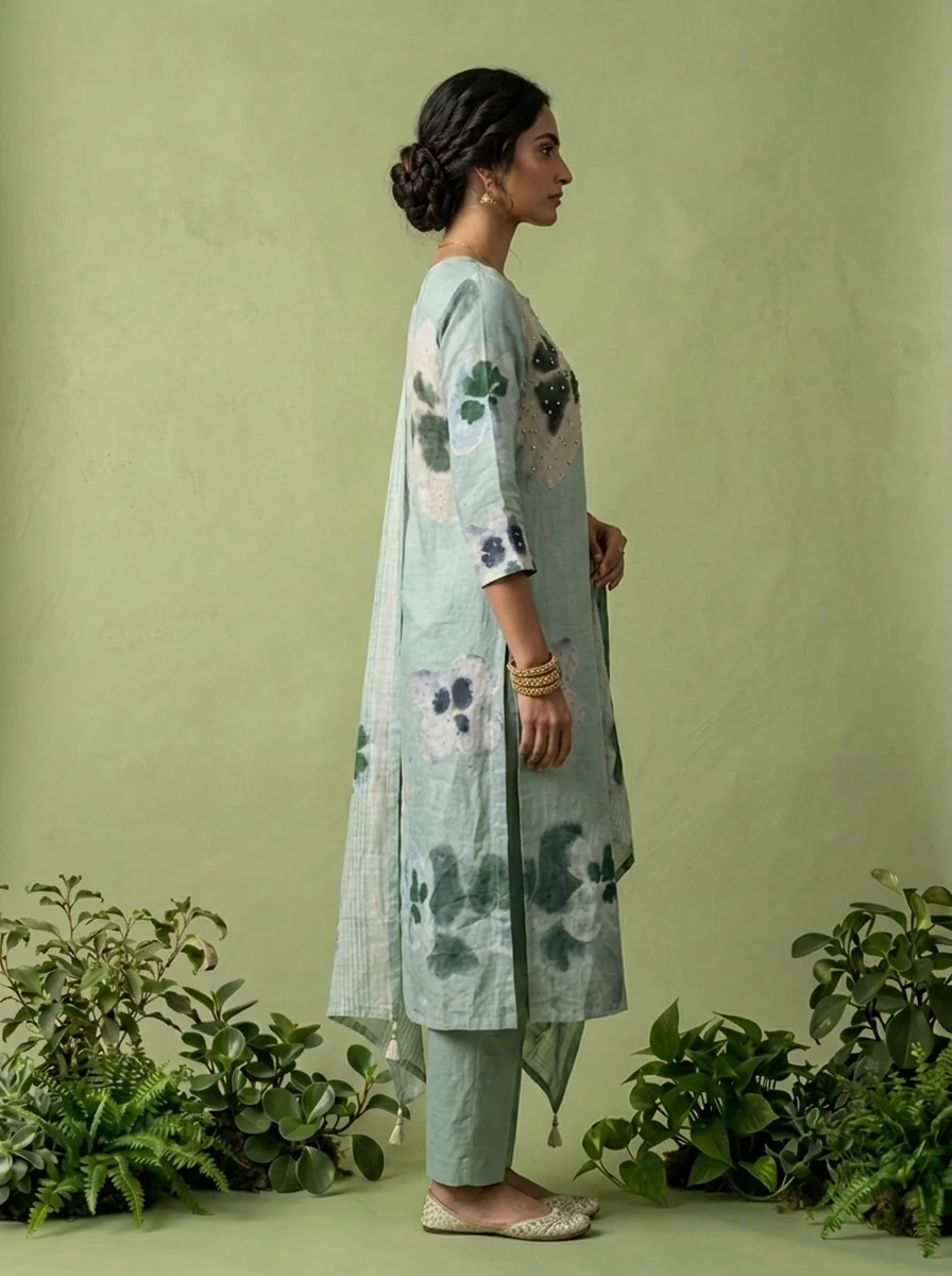 Mint Linen Floral Printed Three Piece Set - Image 3