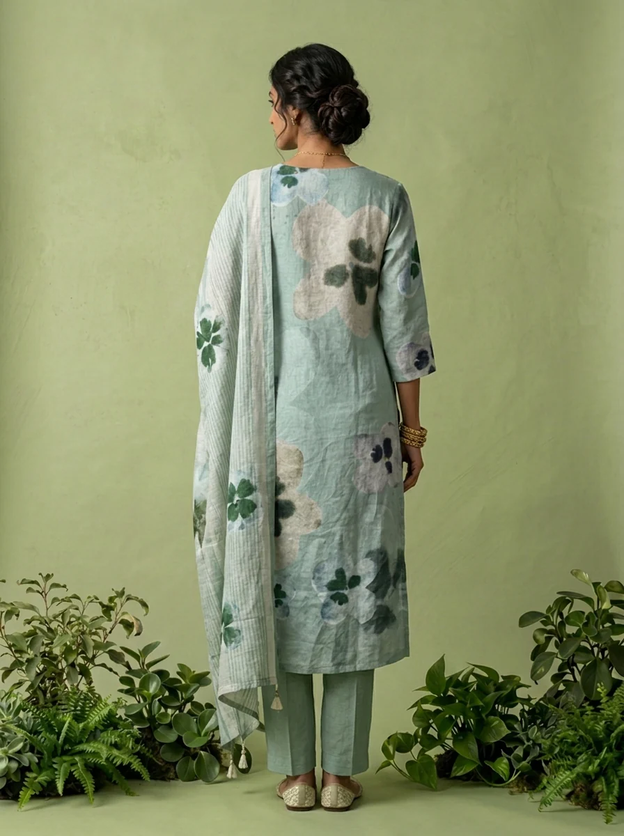 Mint Linen Floral Printed Three Piece Set - Image 4