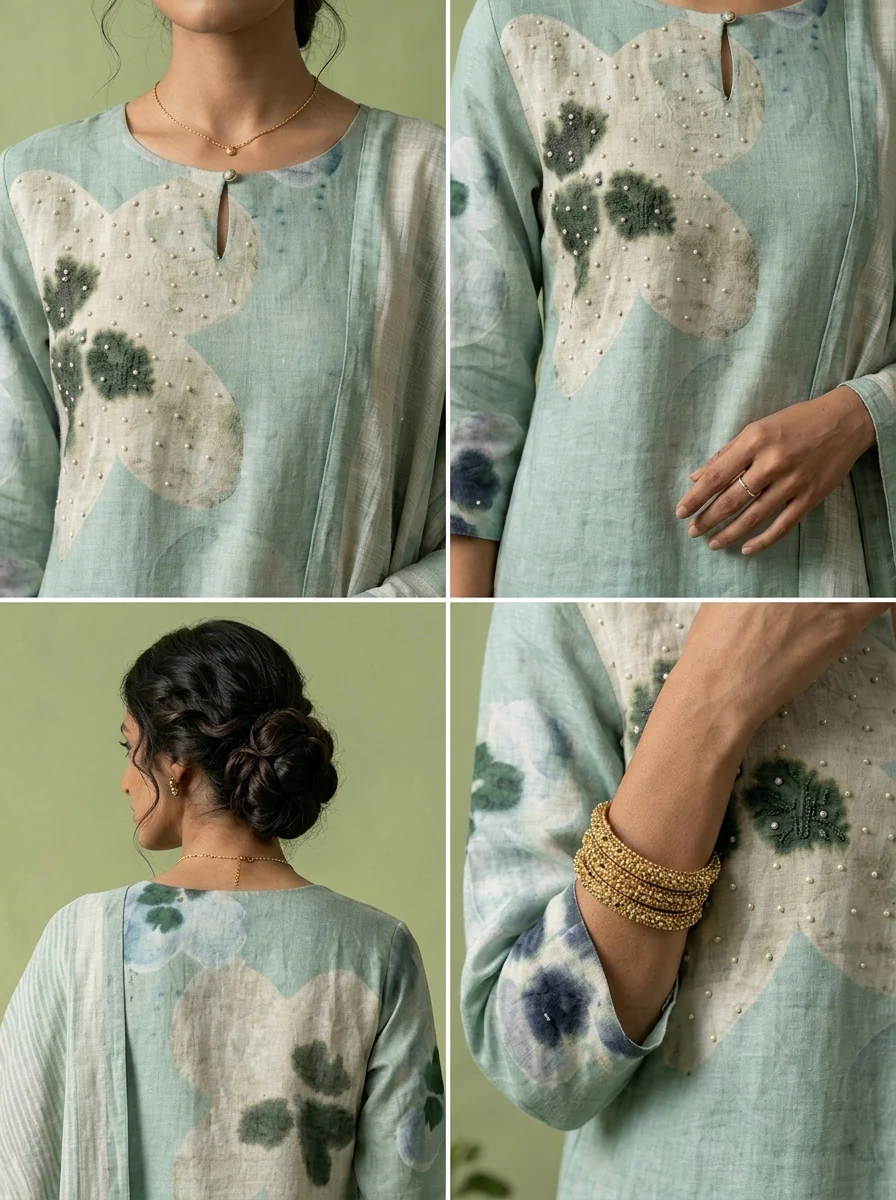 Mint Linen Floral Printed Three Piece Set - Image 5