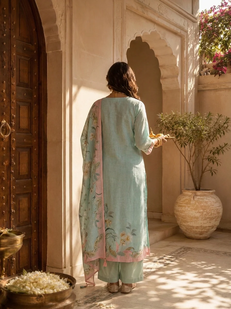 Mint Linen Paisley Printed And Hand Embroidery Three Piece Set - Image 3