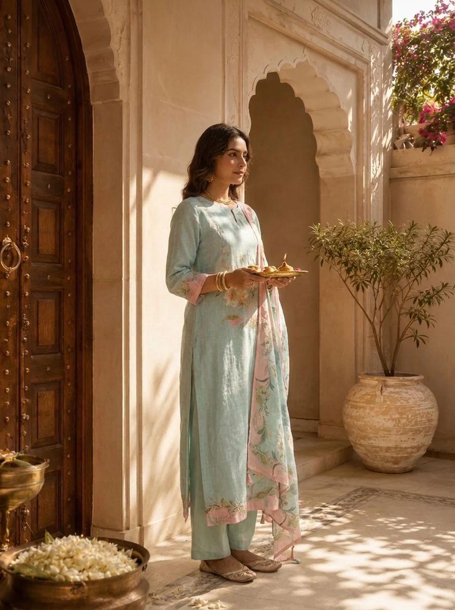 Mint Linen Paisley Printed And Hand Embroidery Three Piece Set - Image 4