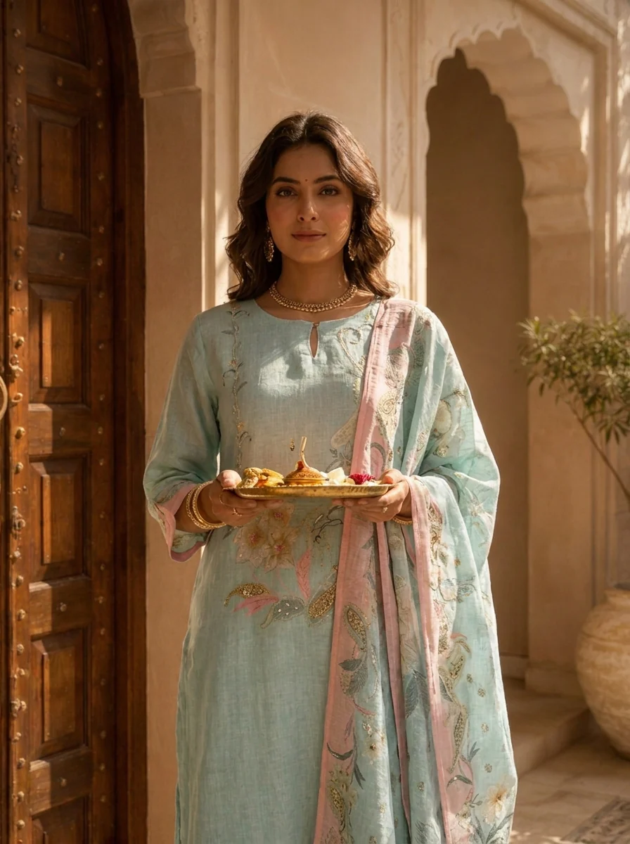 Mint Linen Paisley Printed And Hand Embroidery Three Piece Set - Image 5