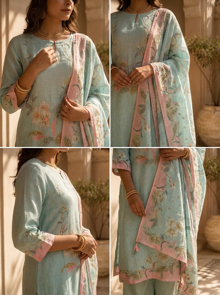 Mint Linen Paisley Printed And Hand Embroidery Three Piece Set - Image 6