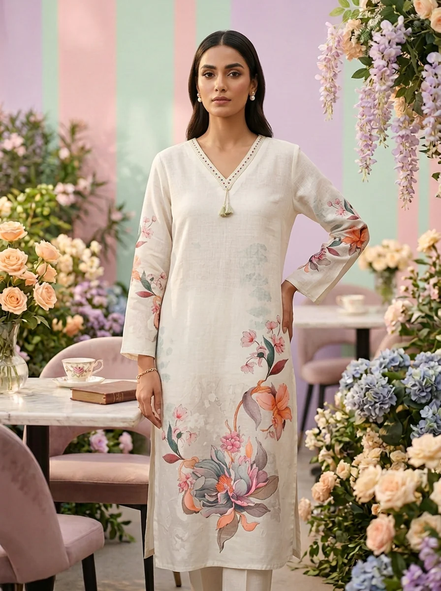 Mint Linen Thread Embroidered Kurta