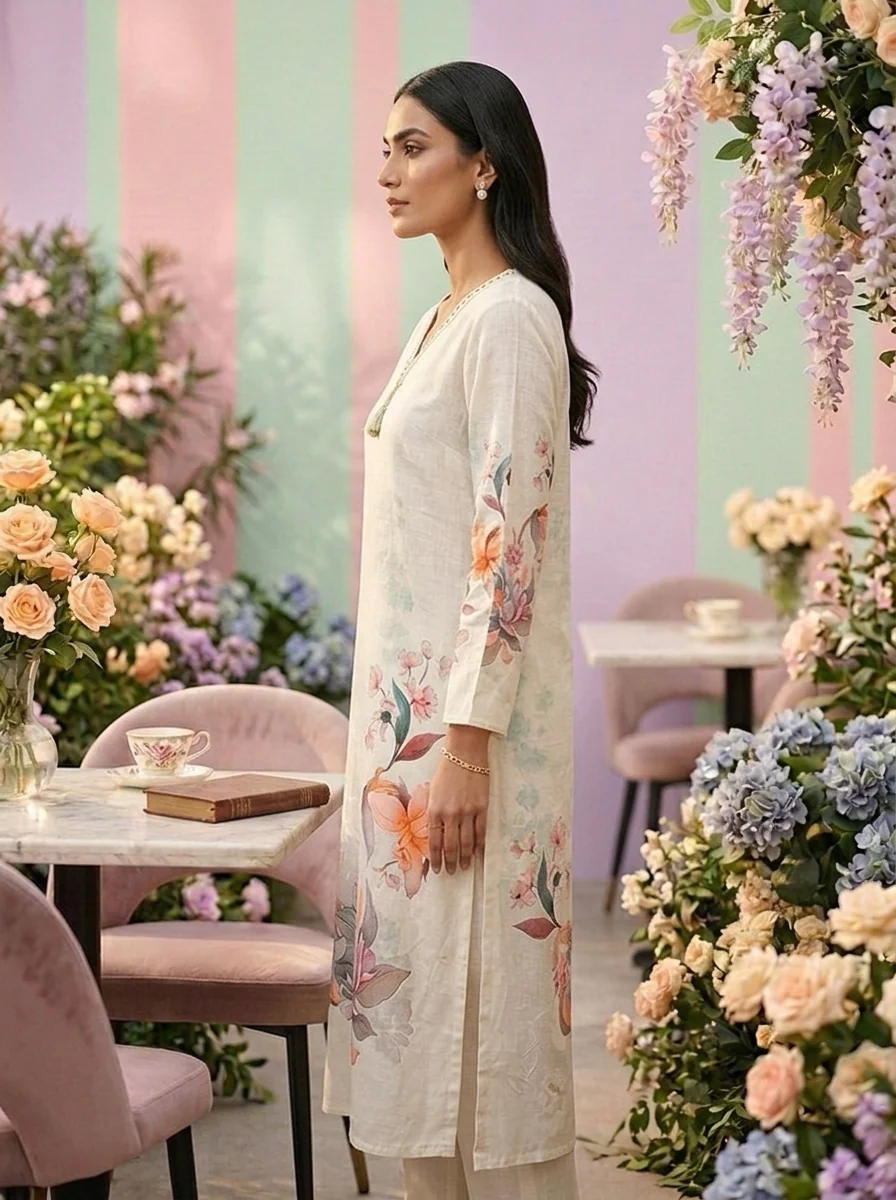 Mint Linen Thread Embroidered Kurta - Image 3