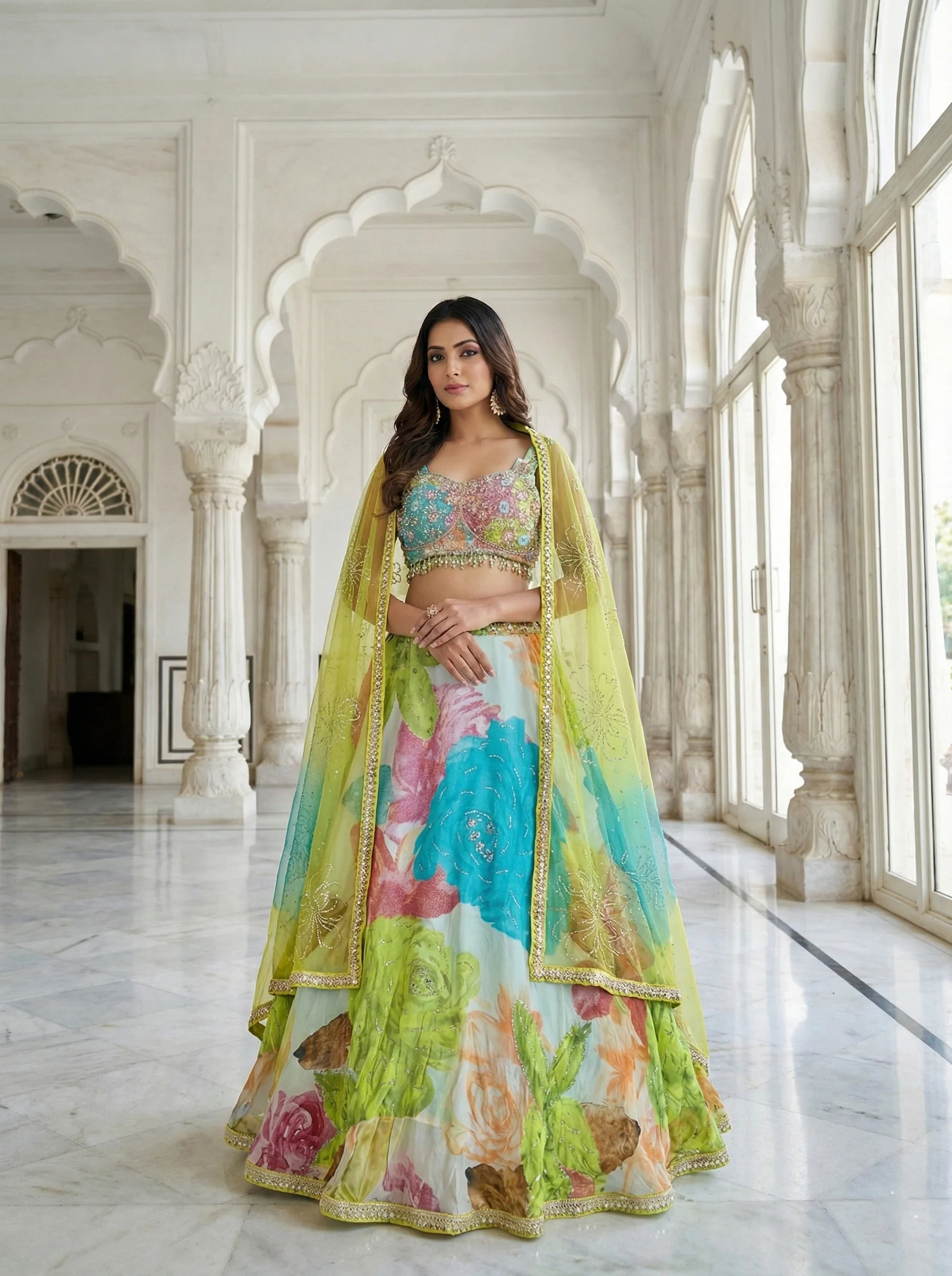 Multi Color Georgette Hand Embroidered Ghagra Set