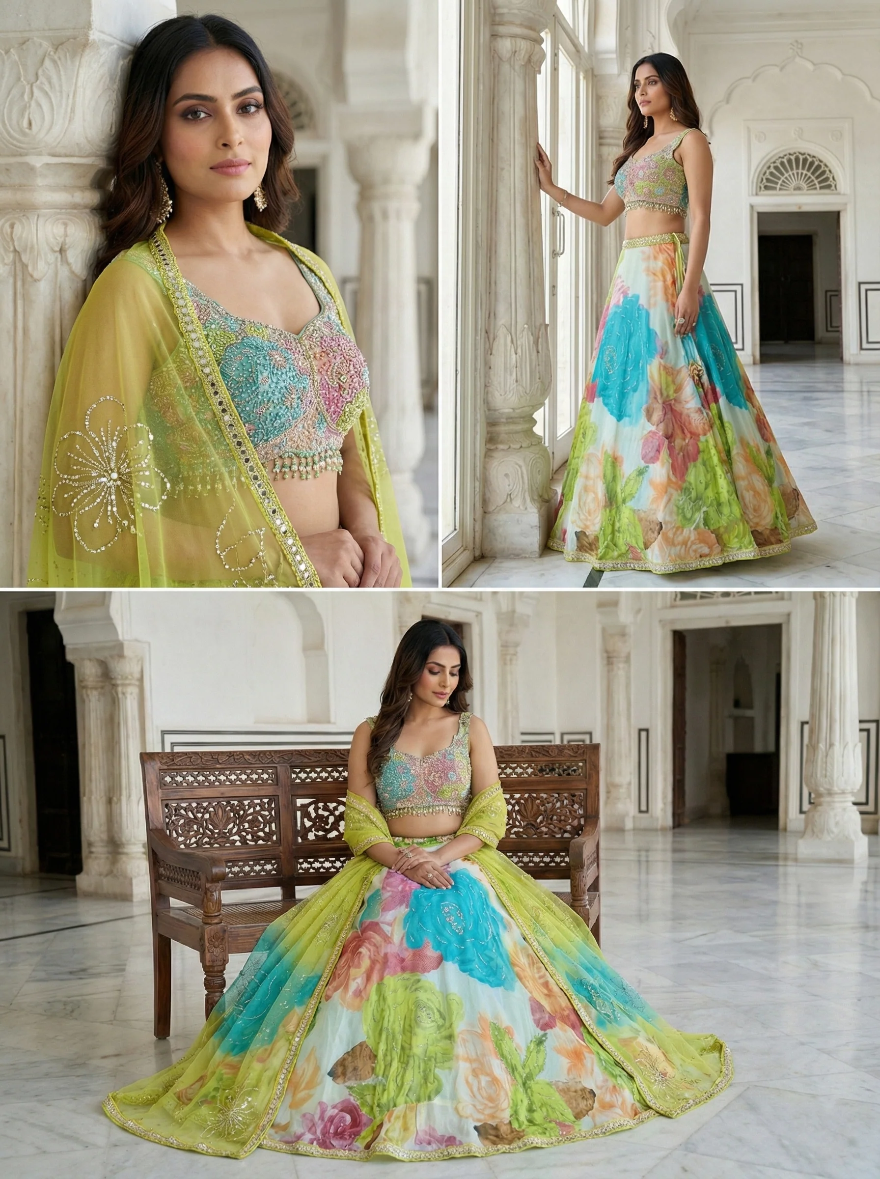 Multi Color Georgette Hand Embroidered Ghagra Set - Image 2