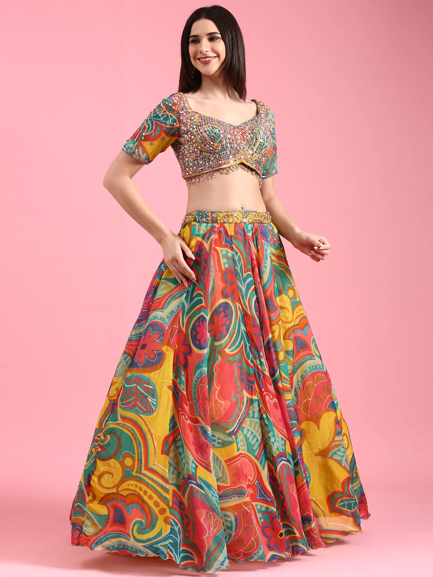 Multi-color Organza Printed Ghagra Choli Set - Image 2
