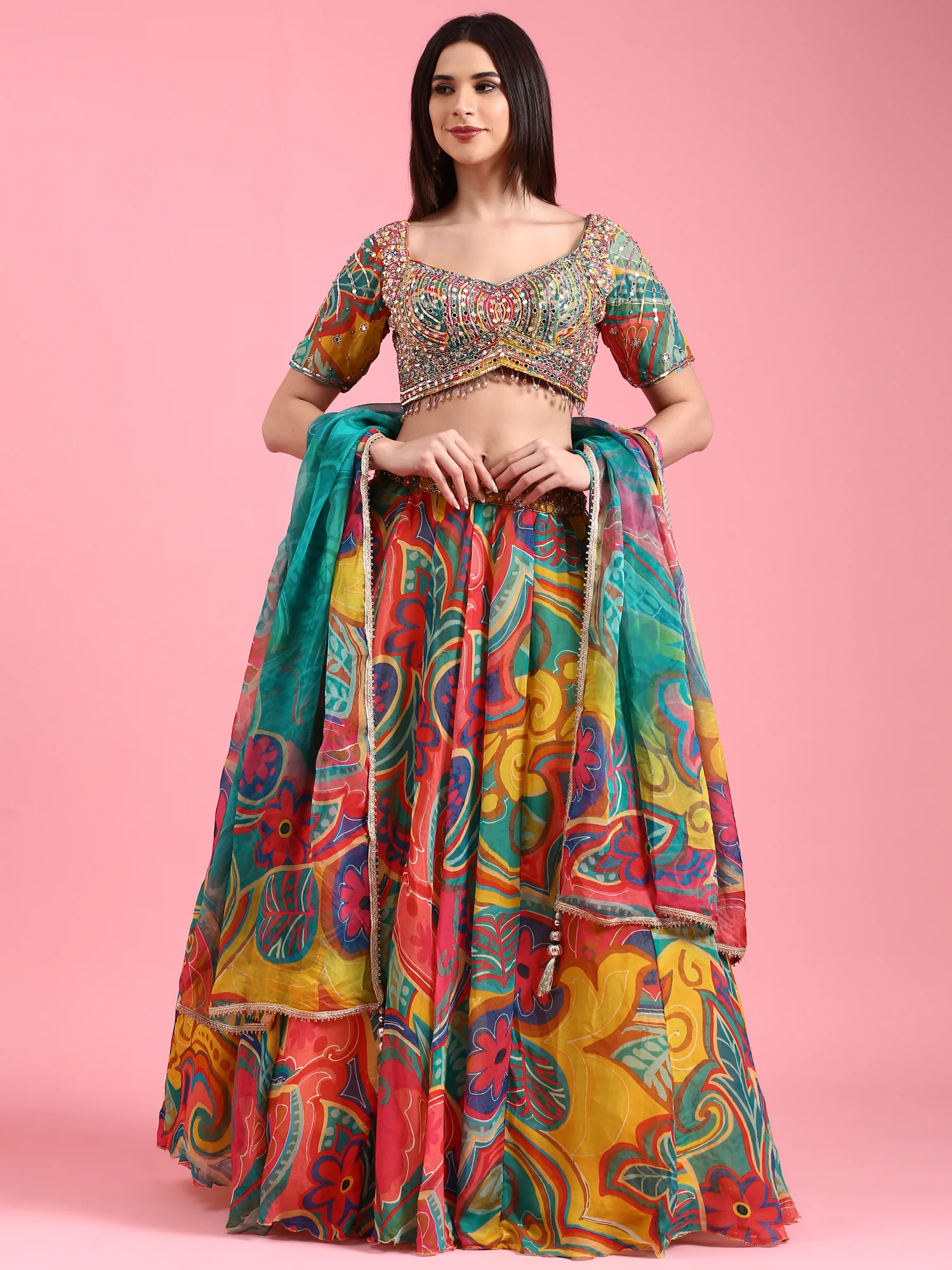 Multi-color Organza Printed Ghagra Choli Set - Image 5