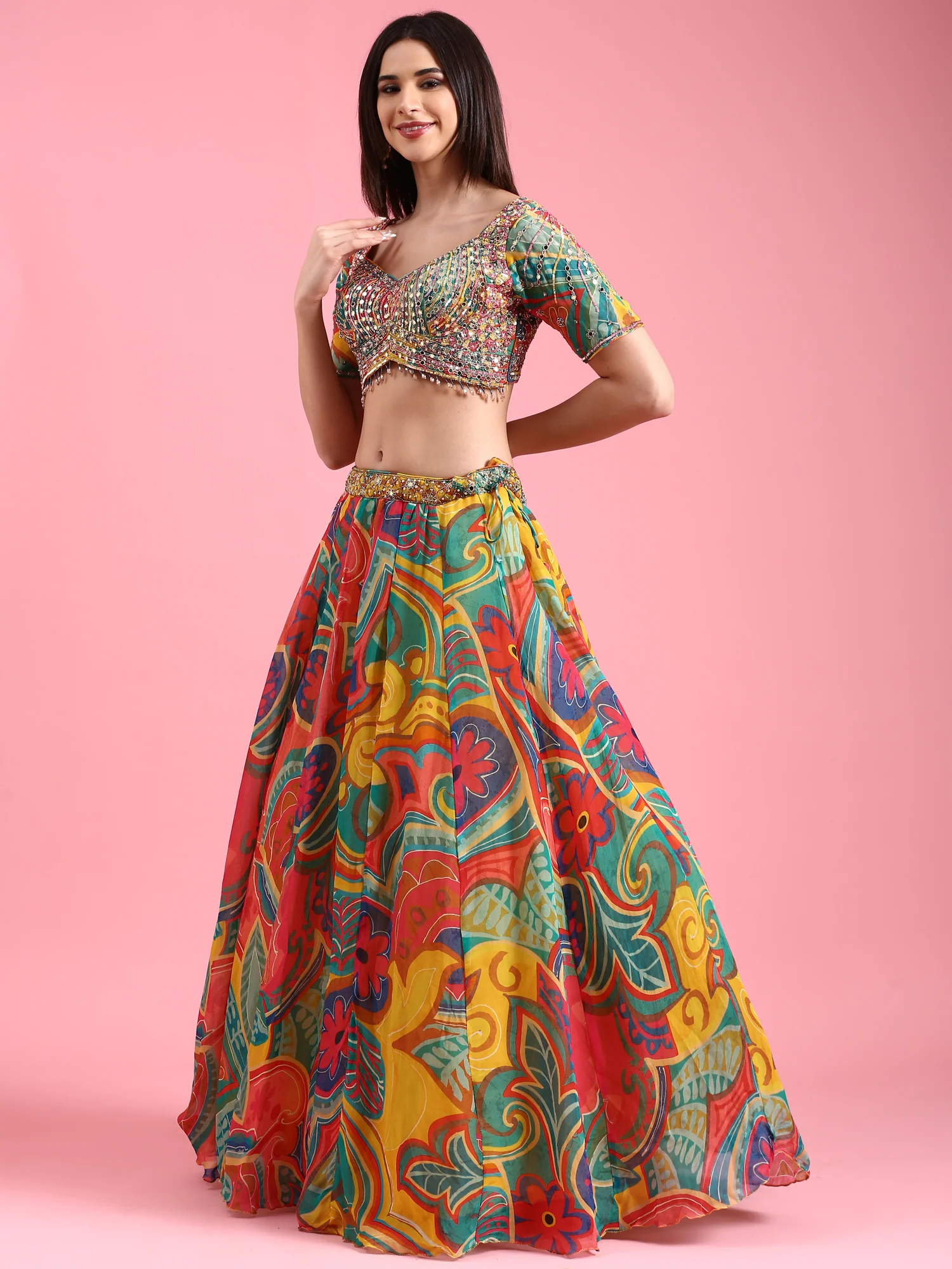Multi-color Organza Printed Ghagra Choli Set - Image 7