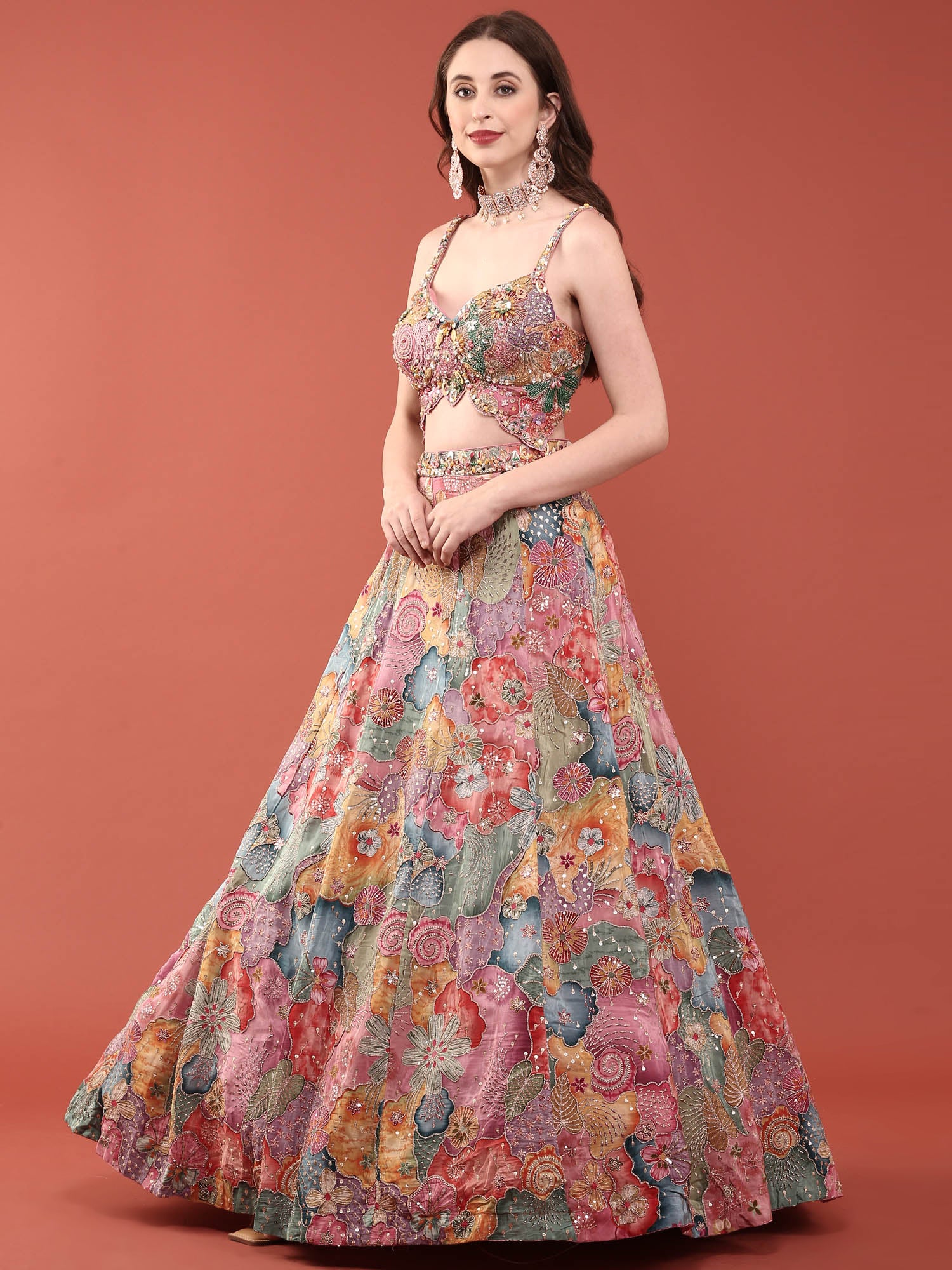 Multi Colour Chinnon Heavy Embroidery Ghagra Set - Image 3