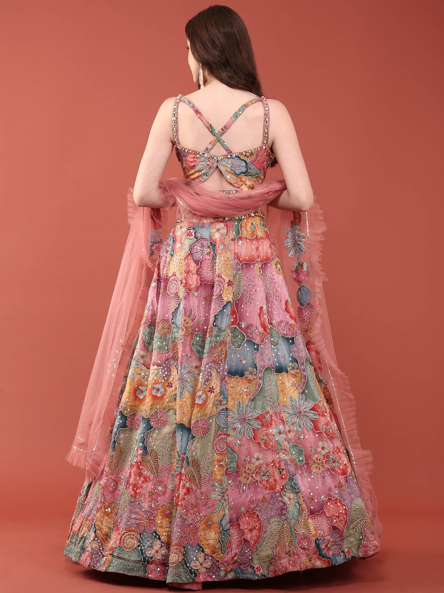 Multi Colour Chinnon Heavy Embroidery Ghagra Set - Image 4