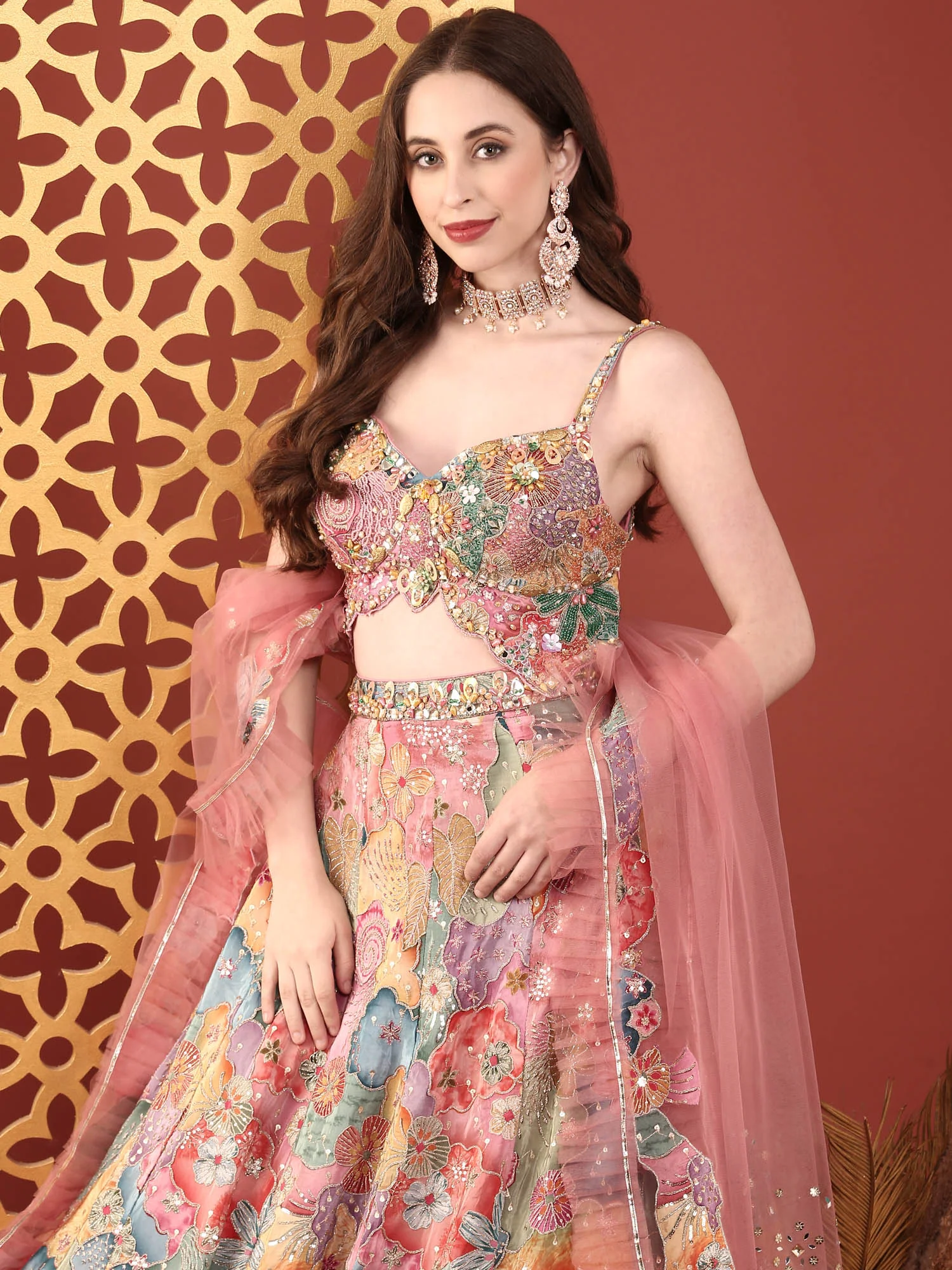 Multi Colour Chinnon Heavy Embroidery Ghagra Set - Image 6