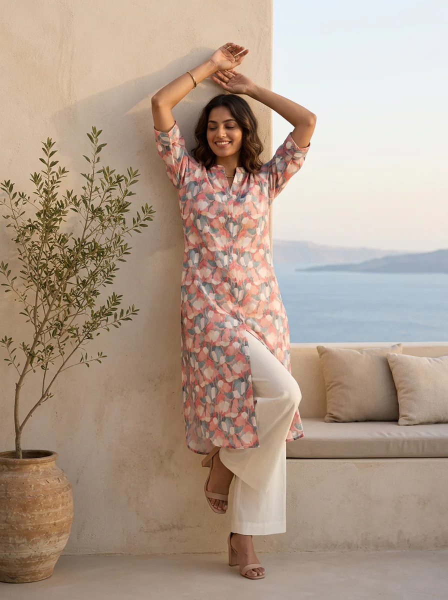 Multi Heavy Floral Printed Linen Kurta