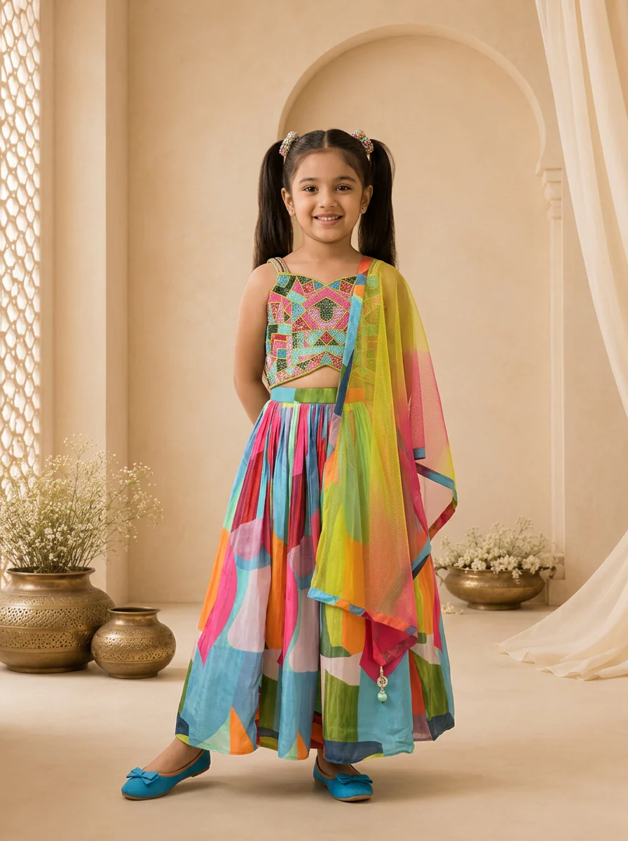Multicolor Silk Abstract Printed Ghagra Set