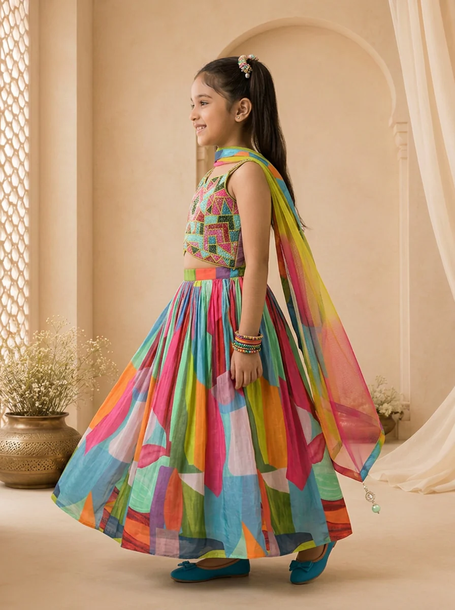 Multicolor Silk Abstract Printed Ghagra Set - Image 3